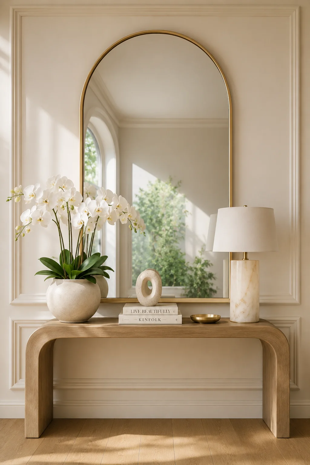 Oversized arched brass mirror above a curved oak console table styled with white orchids, sculptural decor, designer books, modern table lamp, and elegant neutral spring home decor with natural lighting.