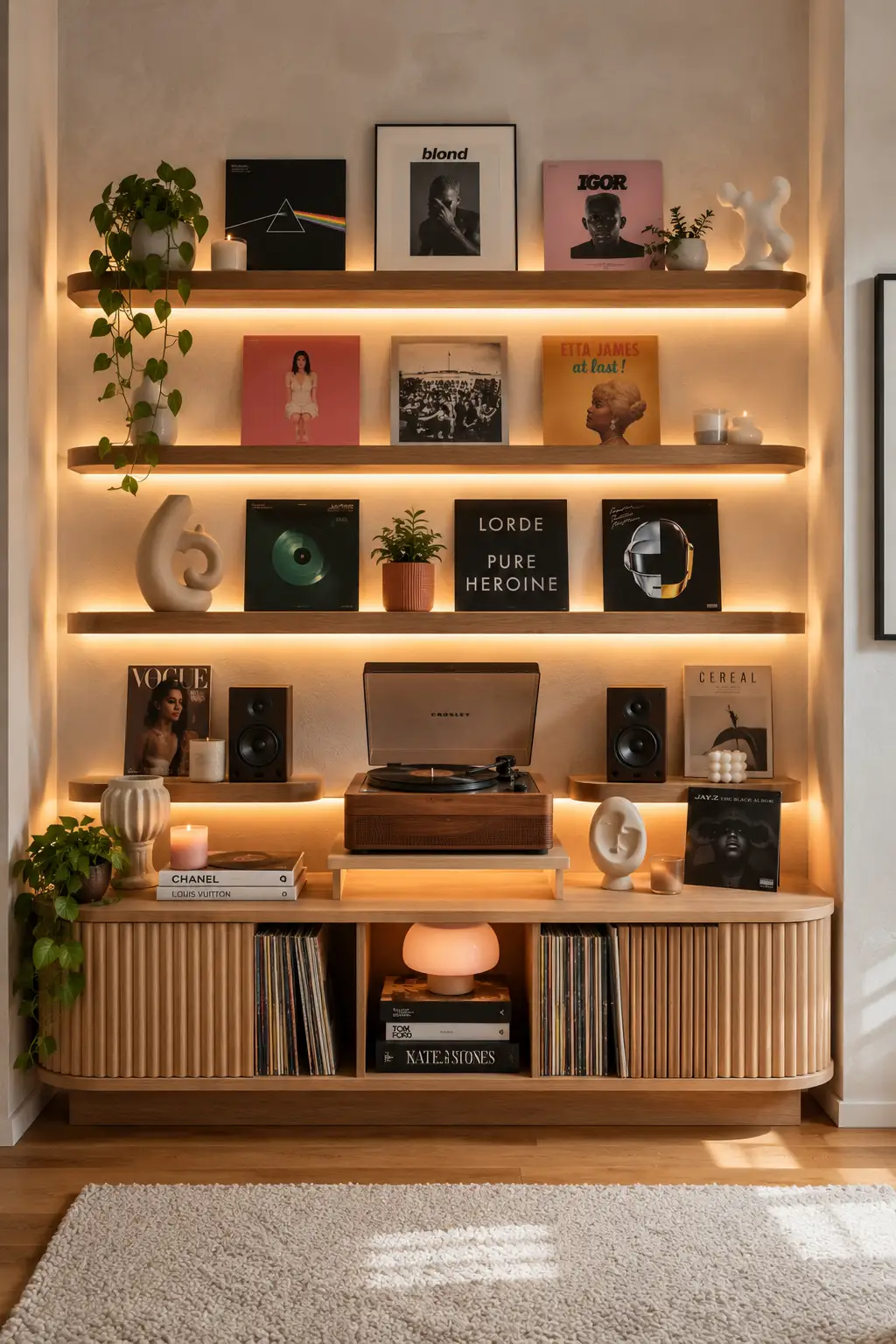 Modern vinyl record display wall with floating shelves, LED lighting, record player, books, candles, plants, and stylish music-inspired teen girl bedroom decor inspiration.