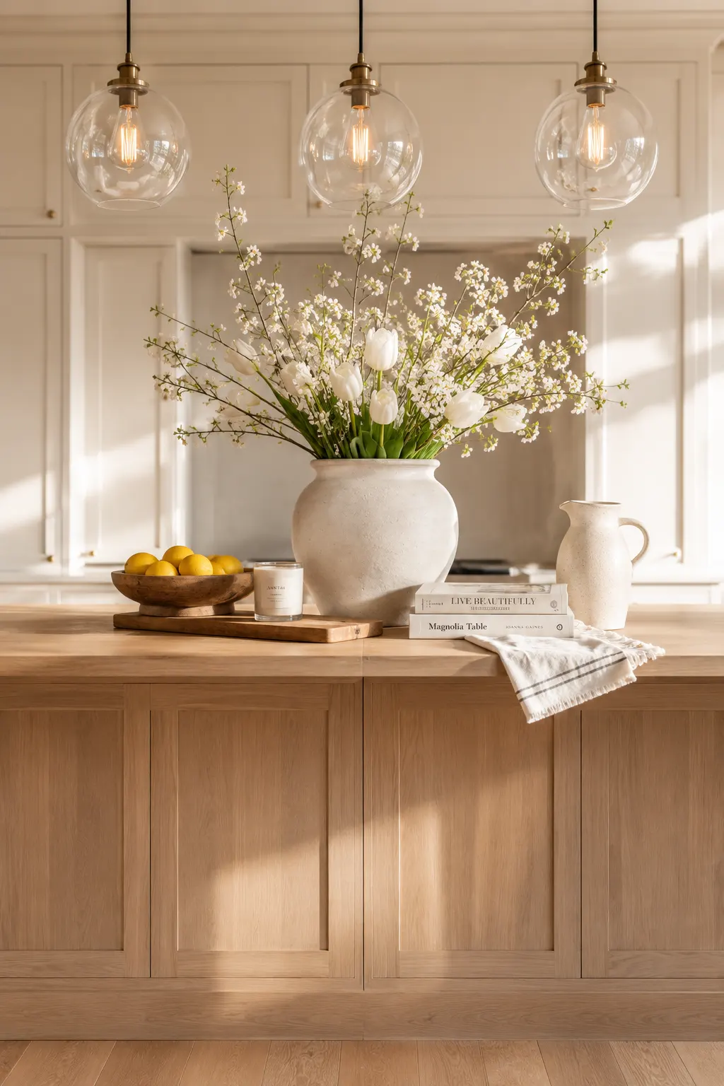 Luxury kitchen island featuring a ceramic vase filled with fresh white tulips, lemons, wooden serving boards, designer cookbooks, glass pendant lights, and elegant spring kitchen decor with bright natural sunlight.