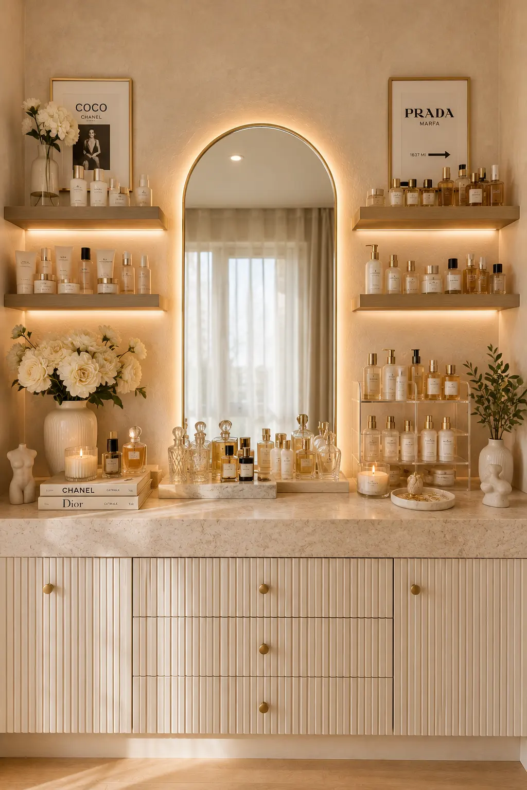 Luxury perfume display shelves with warm LED lighting, oversized mirror, elegant fragrance collection, decorative trays, flowers, and boutique-inspired teen girl bedroom vanity decor.