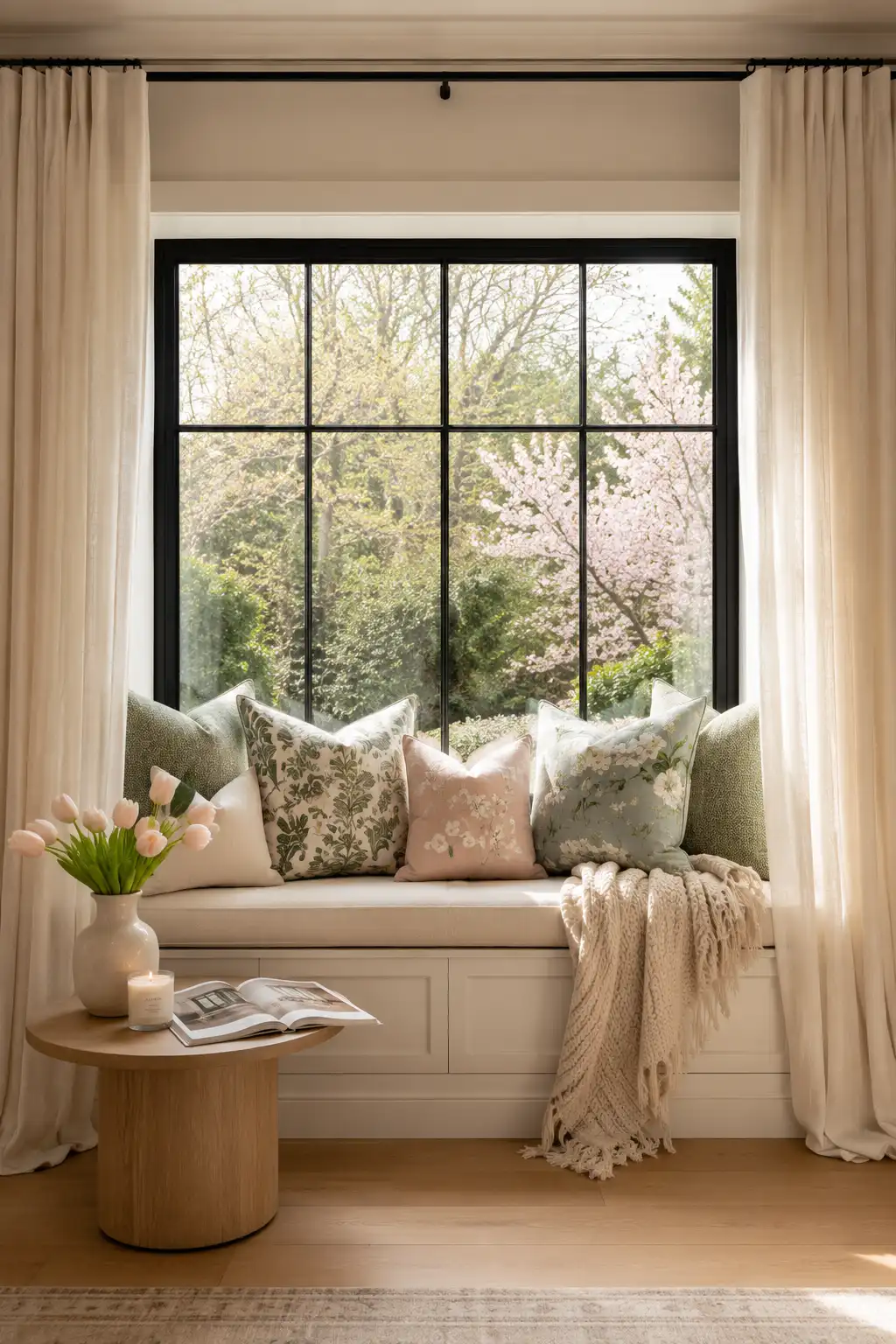 Custom upholstered window bench with botanical throw pillows, chunky knit blanket, fresh tulips, oak side table, flowing linen curtains, and bright spring sunlight creating a cozy luxury reading corner.