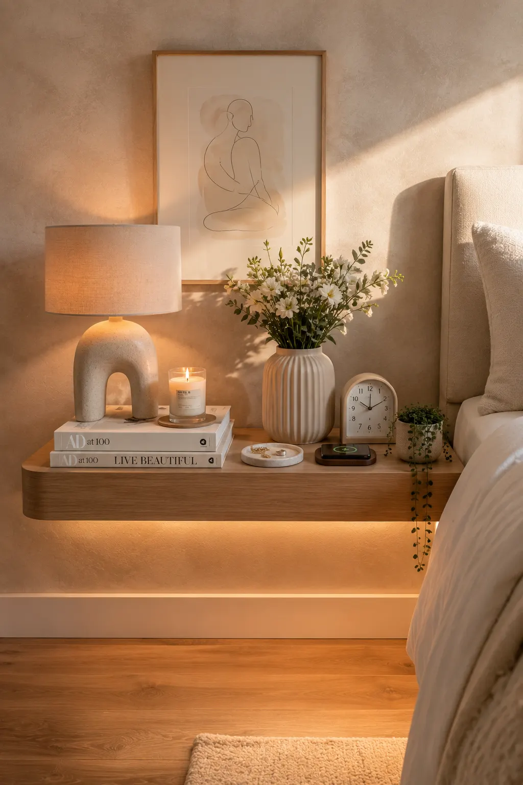 Modern floating bedside table with warm LED lighting, ceramic lamp, candles, books, flowers, decorative tray, and boutique hotel inspired teen girl bedroom nightstand styling.