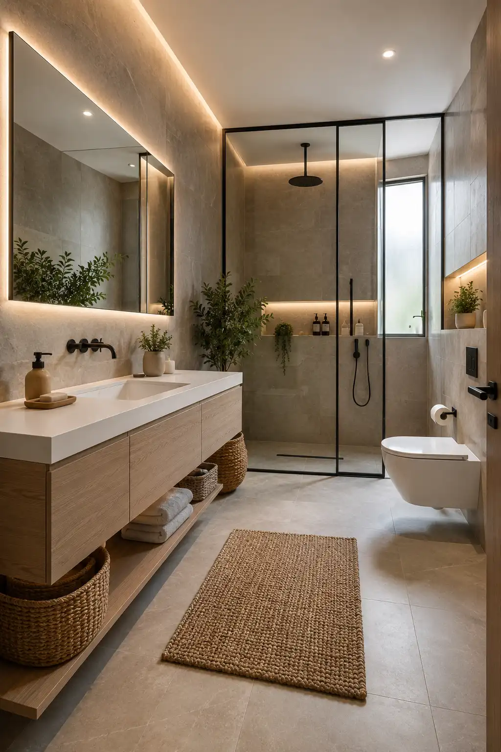 Elegant greige earth tone bathroom with floating light wood vanity, illuminated wall mirror, frameless glass shower enclosure, matte black fixtures, oversized stone look tiles, warm LED lighting, indoor greenery, and stylish modern bathroom inspiration for contemporary homes.