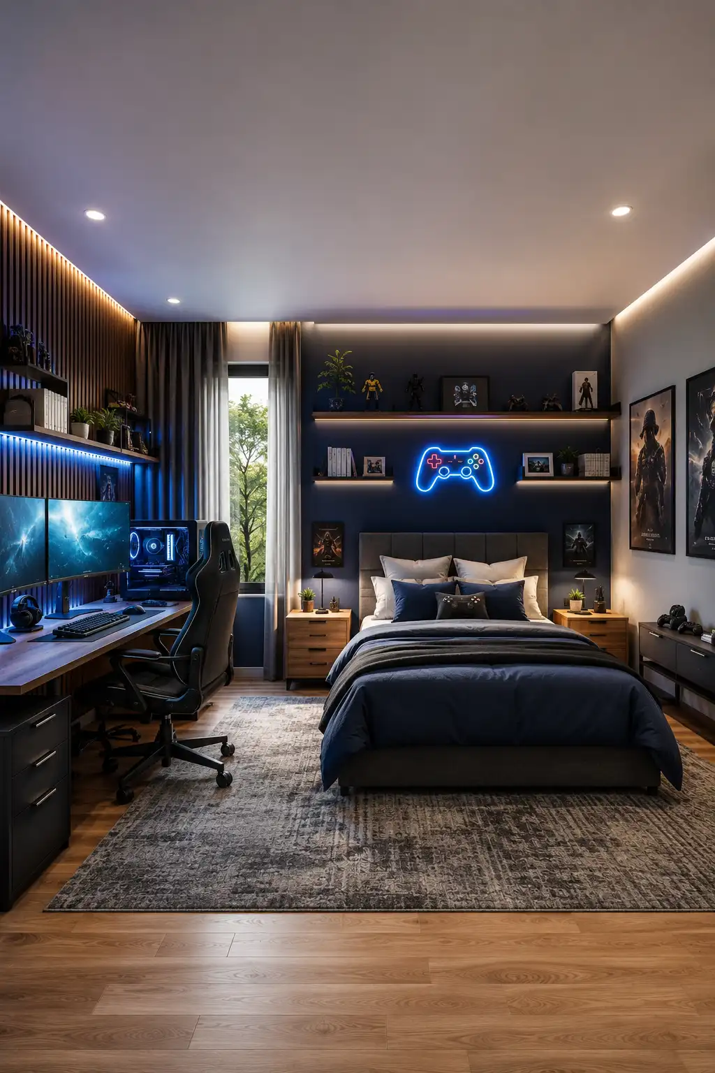 Modern blue gamer teen bedroom with RGB gaming setup, dual monitor desk, ergonomic gaming chair, custom PC, navy accent wall, LED game controller wall light, floating shelves, cozy upholstered bed, and luxury gaming room decor with functional study space.