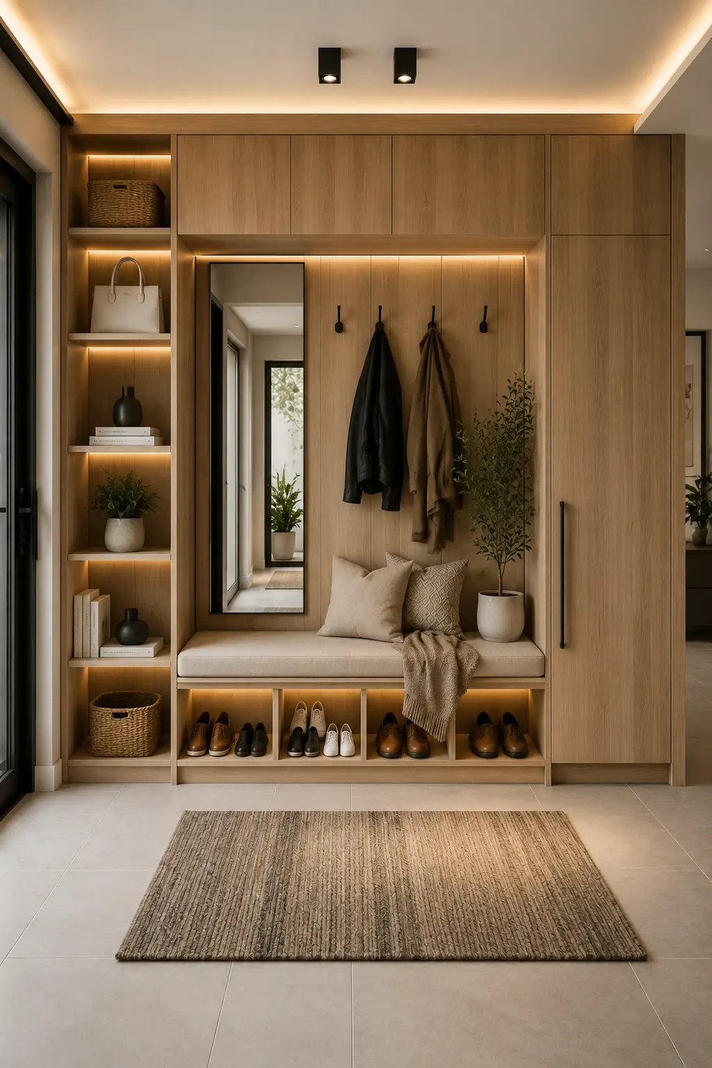 Luxury warm oak mudroom storage with floor to ceiling oak cabinets, open shoe cubbies, built in bench, matte black coat hooks, full length mirror, woven storage baskets, warm LED lighting, porcelain flooring, and stylish entryway organization for modern family homes.