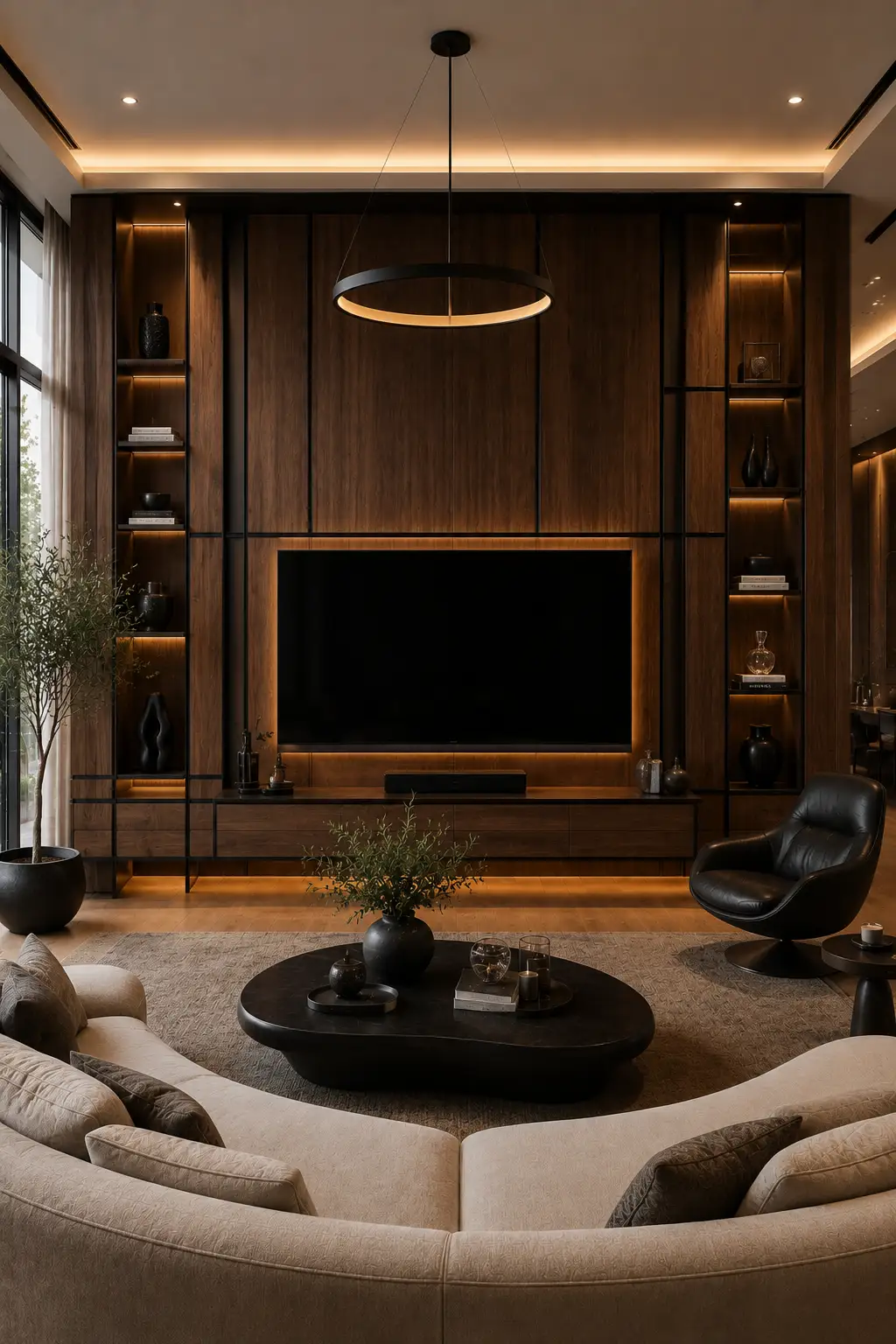 Modern walnut wood TV wall with matte black architectural frame accents, floating media cabinet, illuminated display shelves, concealed LED lighting, floor to ceiling wall panels, and a luxury contemporary living room with designer furniture and warm neutral décor.