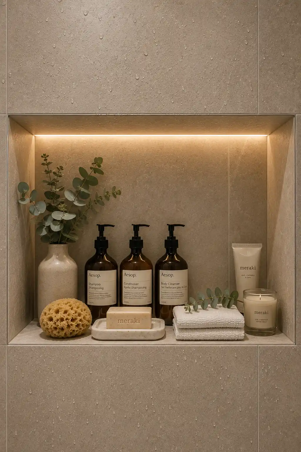 Luxury recessed shower niche with warm LED strip lighting, oversized beige porcelain tiles, built in wall storage, amber glass shampoo bottles, folded white towels, eucalyptus stems, modern shower organization, and contemporary small bathroom decor inspiration.
