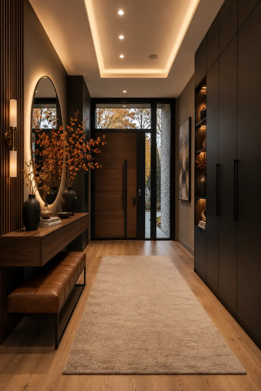 Luxury modern fall entryway featuring a floating walnut console table, cognac leather bench, oversized illuminated round mirror, matte black storage cabinets, warm oak flooring, decorative ceramic vases with autumn branches, built in shelving with LED lighting, contemporary black front door, neutral runner rug, elegant fall foyer decorating ideas, luxury entrance hall inspiration.