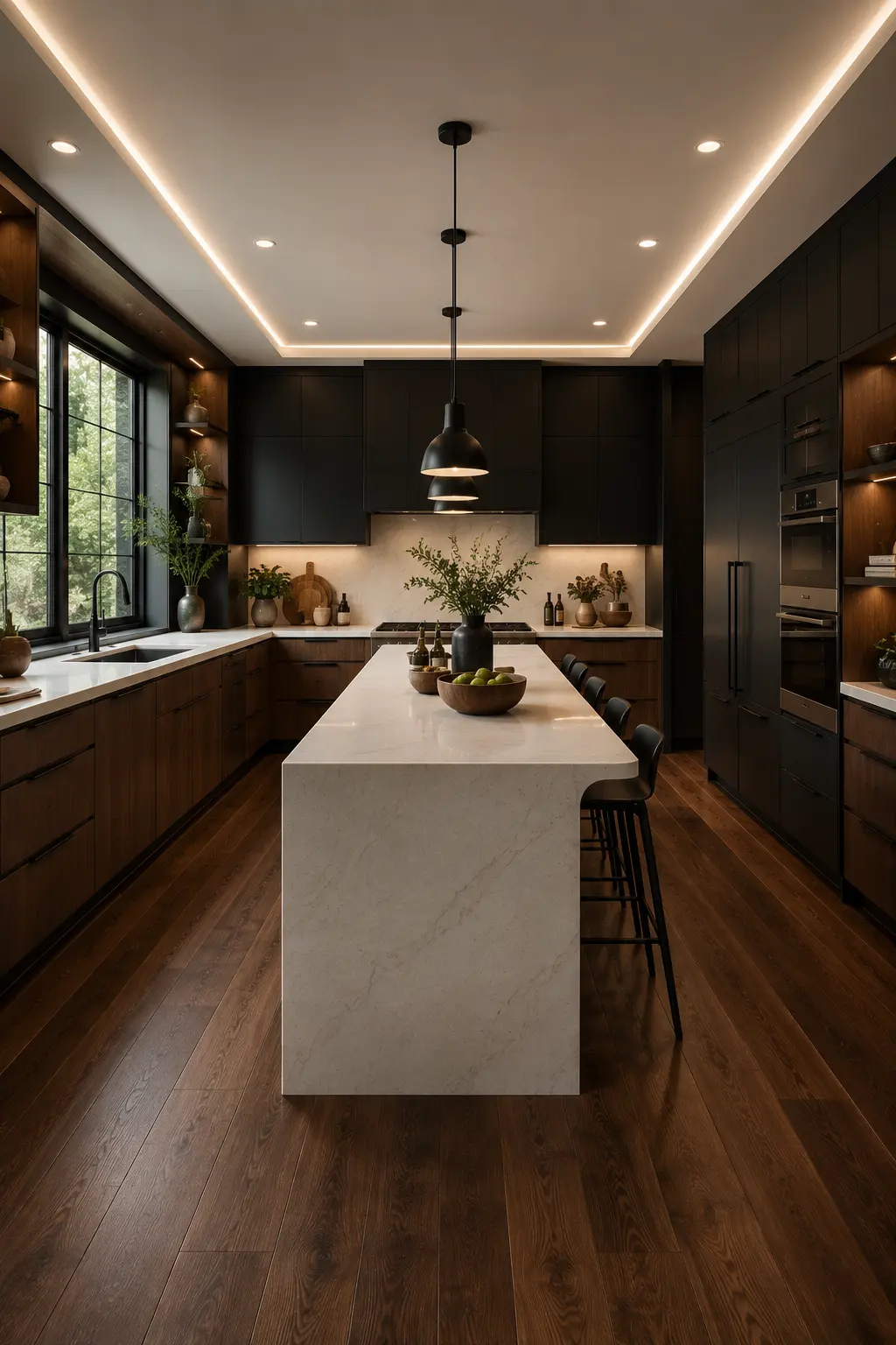 Luxury charcoal black and walnut kitchen with matte black cabinetry, rich walnut wood accents, white quartz waterfall island, integrated appliances, modern pendant lighting, hardwood flooring, oversized windows, and a sophisticated contemporary kitchen color palette for 2026.
