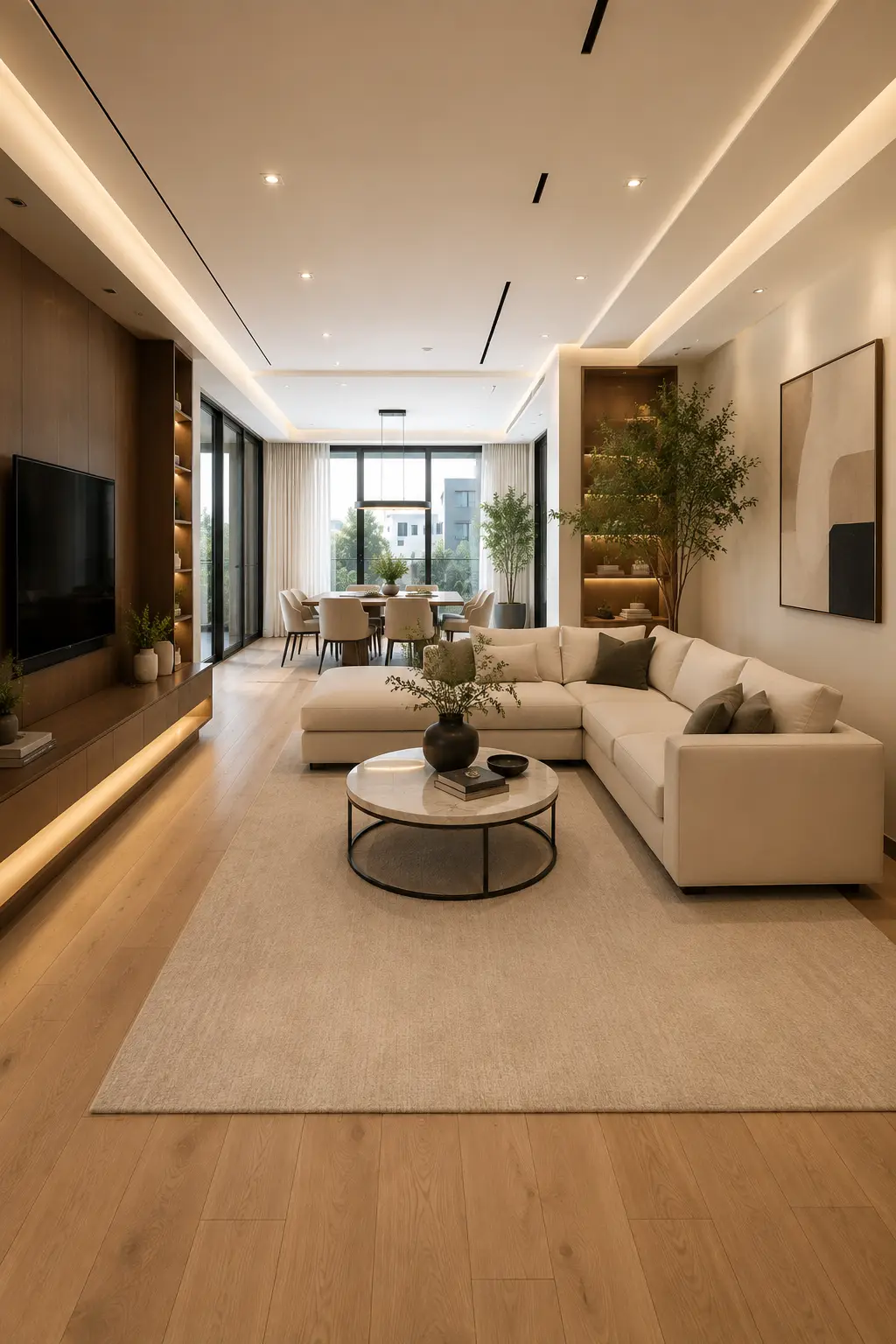 Modern corner L shaped sectional layout in a small open living room featuring a cream sectional sofa, oversized neutral area rug, round coffee table, custom walnut TV wall with built-in shelving, open concept dining room, floor-to-ceiling windows, warm oak flooring, luxury apartment interior, and contemporary home design.