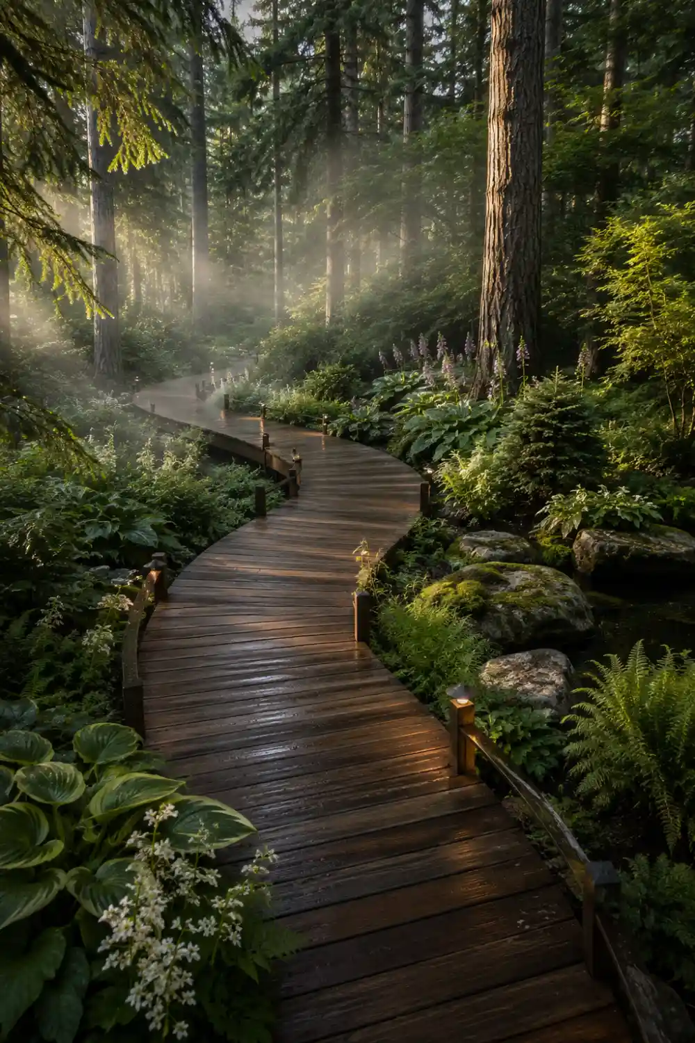 Luxury wooden boardwalk garden path surrounded by lush ferns, moss covered rocks, woodland flowers, towering pine trees, and vibrant greenery, creating a peaceful backyard walkway with natural forest landscaping and elegant outdoor garden design inspiration.