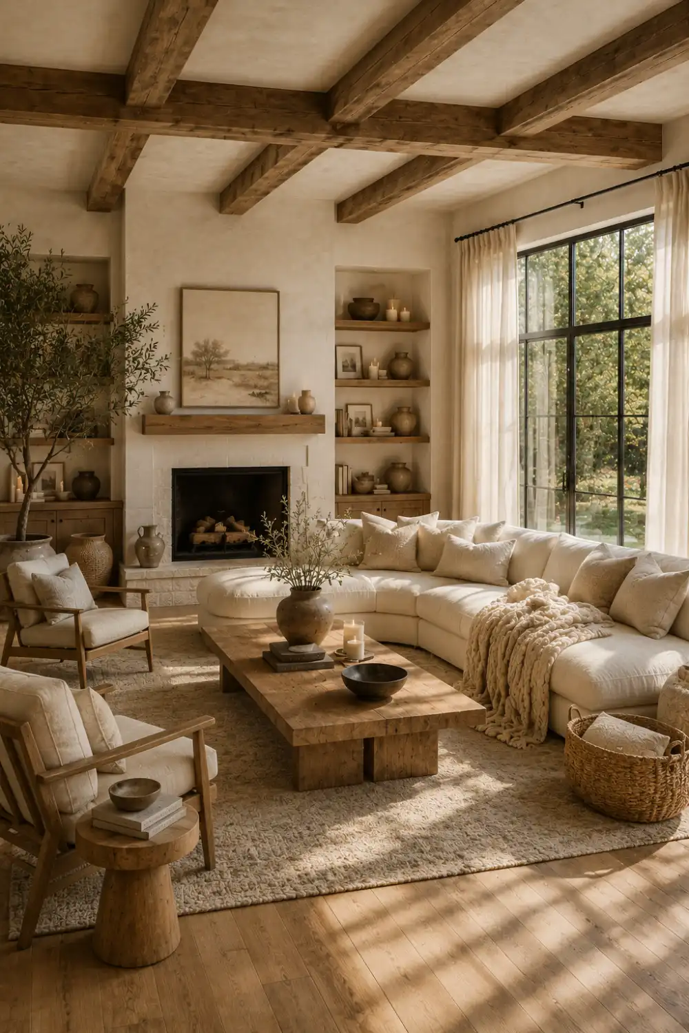 Elegant modern rustic living room centered around a floor to ceiling natural stone fireplace with a cream curved sectional sofa, boucle accent chairs, floating oak shelves, reclaimed wood ceiling beams, oversized black framed windows, warm hardwood flooring, handcrafted ceramic décor, indoor olive tree, and bright natural sunlight for timeless rustic living room inspiration.