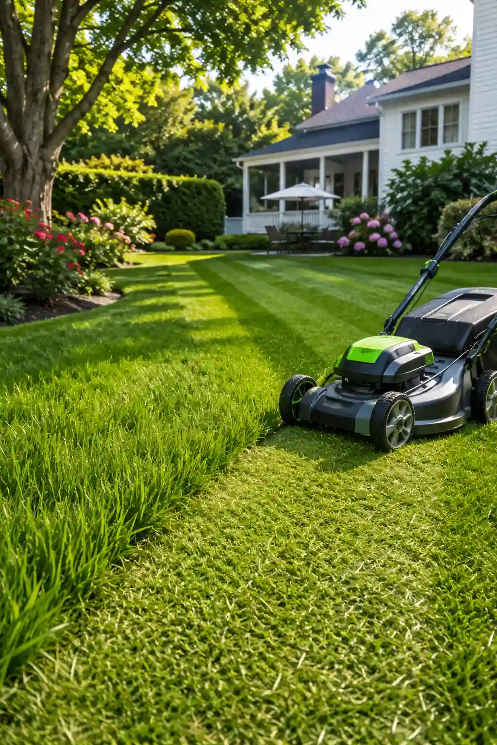 Modern cordless lawn mower creating perfectly straight mowing stripes across a thick emerald green lawn in a luxury backyard with healthy grass, professional mowing techniques, beautiful landscaping, and expert lawn maintenance for a pristine yard.