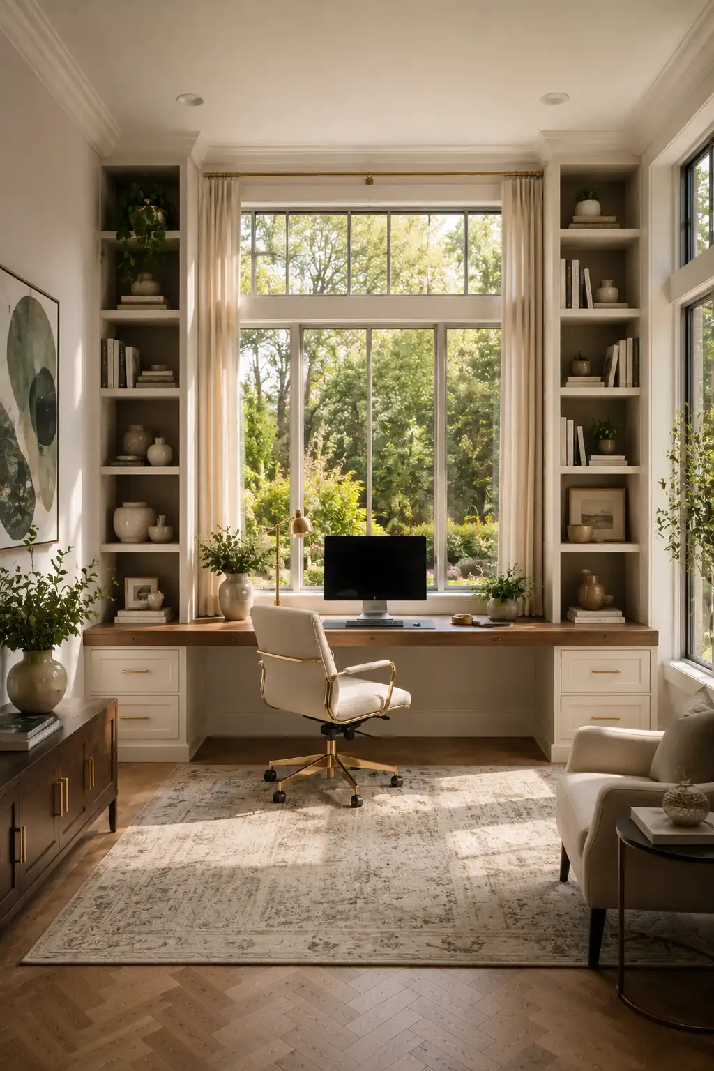 Bright bay window home office with a custom built in walnut desk, floor to ceiling shelving, upholstered ergonomic chair, decorative books, indoor plants, soft linen curtains, panoramic garden views, warm natural sunlight, and elegant space saving workspace for a small home.