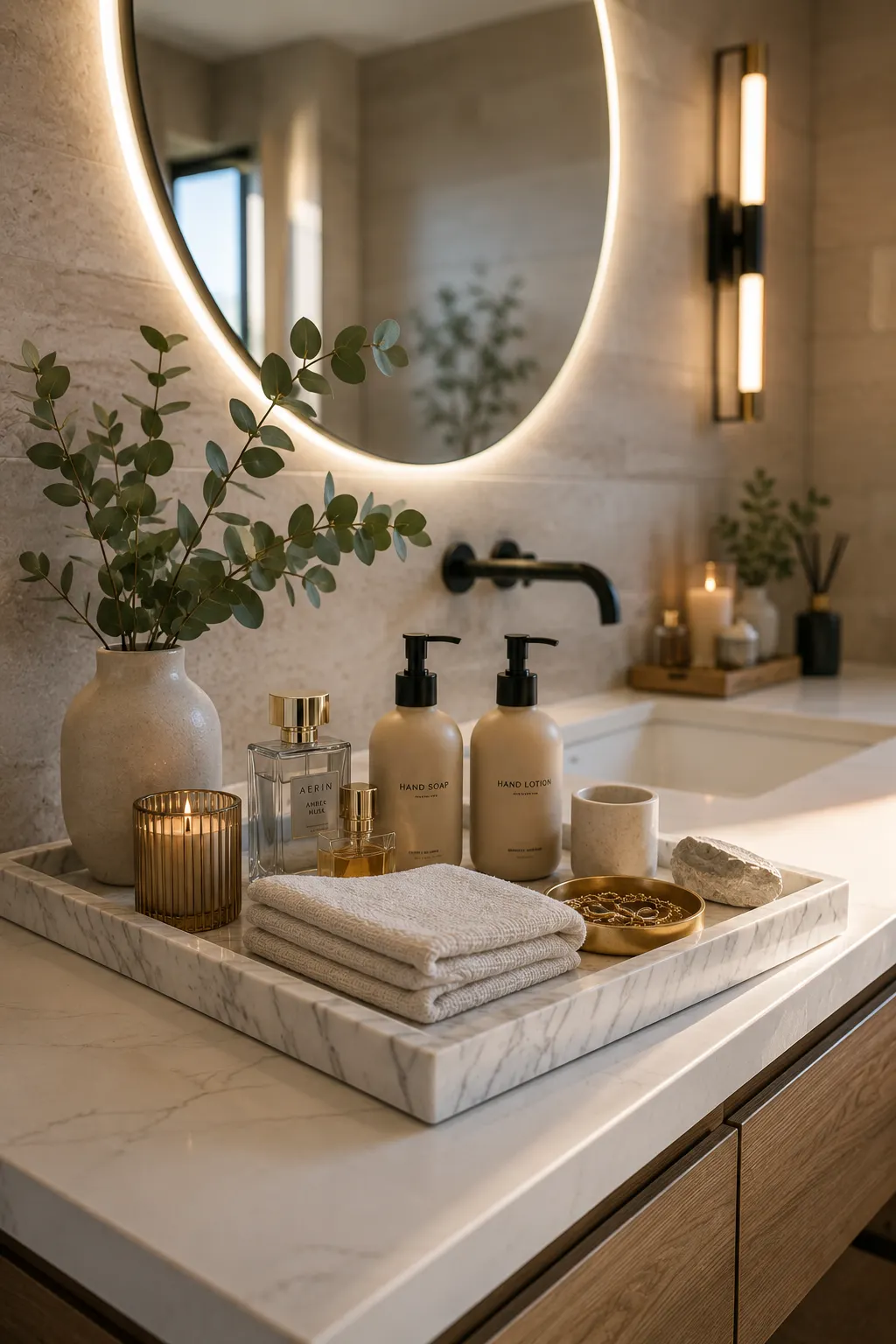 Luxury guest bathroom vanity styled with a marble tray, matching hand soap and lotion dispensers, folded white hand towels, scented candles, decorative perfume bottles, eucalyptus stems, and a round LED mirror creating an elegant hotel inspired bathroom decor.