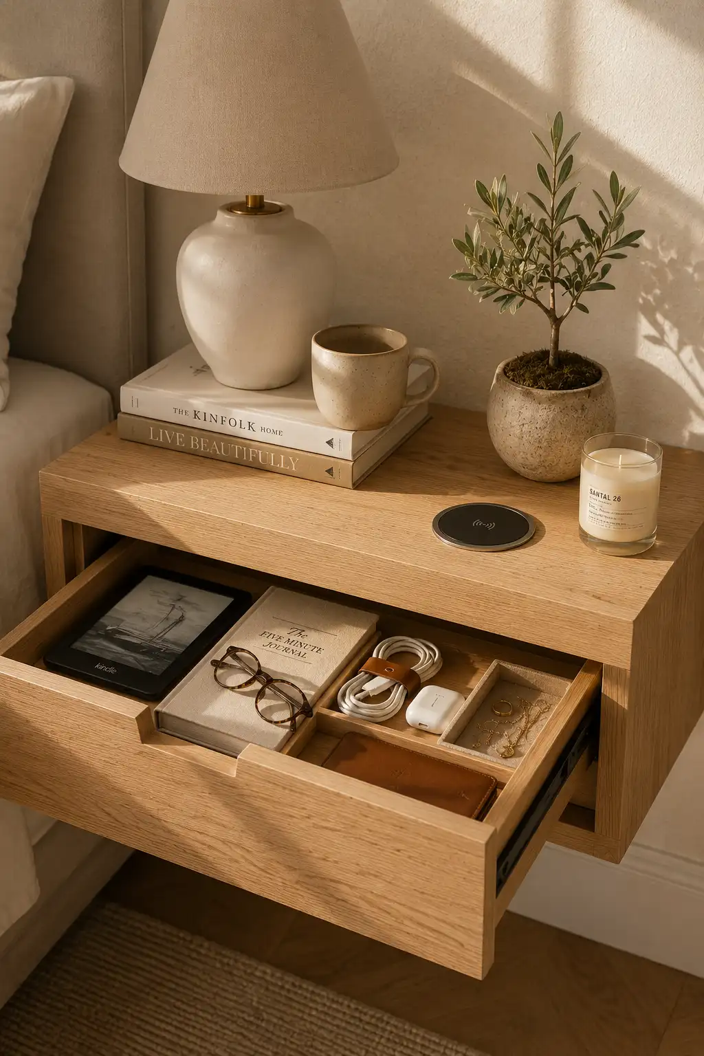 Modern floating nightstand with a hidden storage drawer, oak wood finish, bedside lamp, books, indoor plant, and organized essentials beside a cozy bed, featuring minimalist bedroom furniture, wall mounted storage, and smart small bedroom organization ideas.