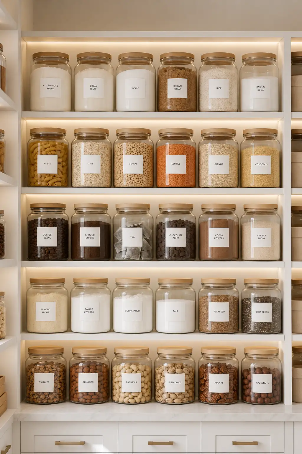Modern pantry with matching glass food storage jars arranged on custom white oak shelves, airtight containers filled with flour, rice, pasta, cereal, coffee beans, baking ingredients, minimalist labels, warm LED lighting, and luxury pantry organization ideas for a clean, elegant kitchen storage space.