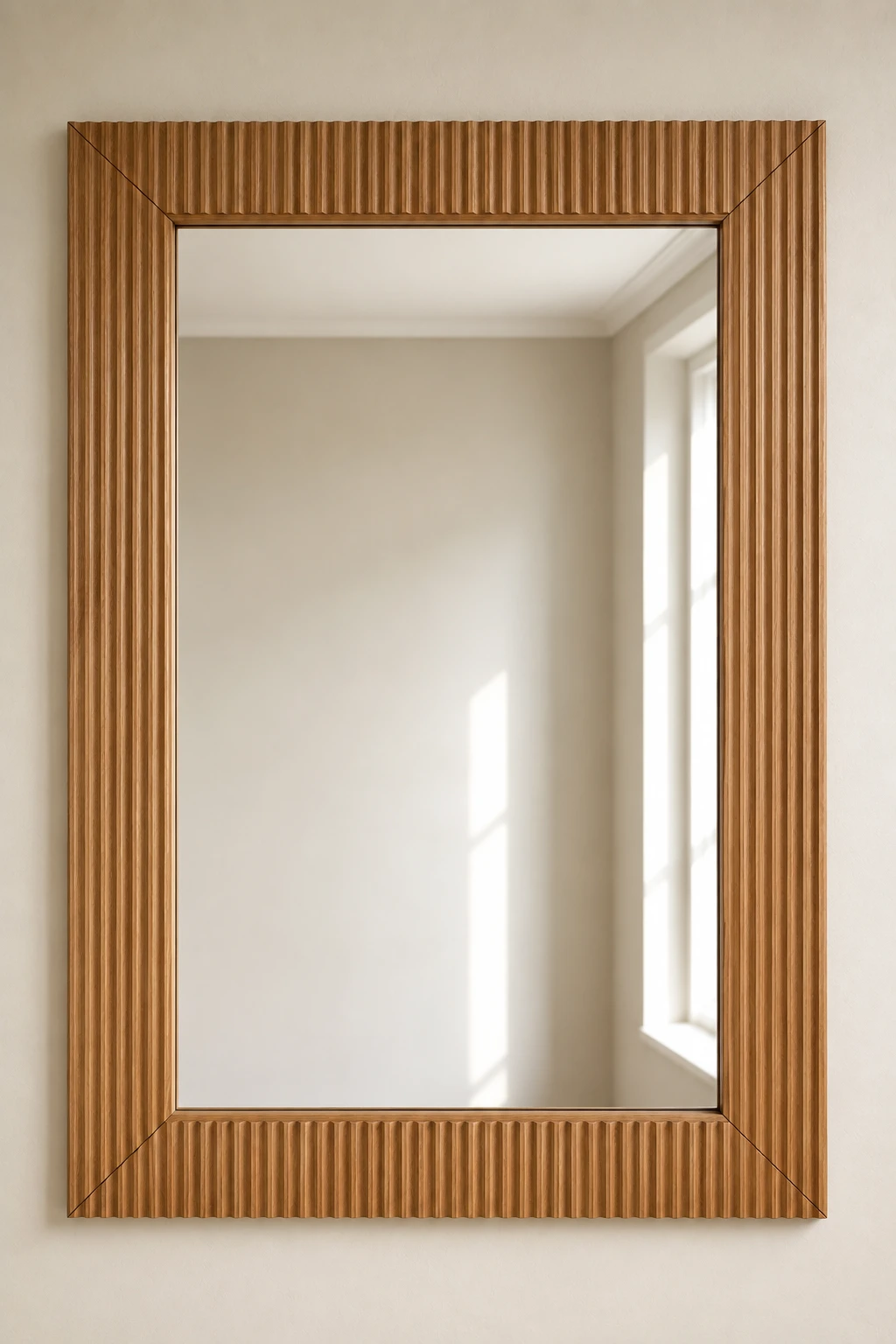 Fluted wood mirror frame featuring a large rectangular wall mirror surrounded by beautifully crafted vertical oak fluted trim with rich natural wood grain and seamless mitered corners. Mounted on a warm neutral wall, this elegant DIY mirror frame is ideal for modern home décor, fluted wood furniture lovers, Japandi interiors, Scandinavian bathroom mirrors, hallway mirror ideas, and luxury DIY mirror makeover inspiration.