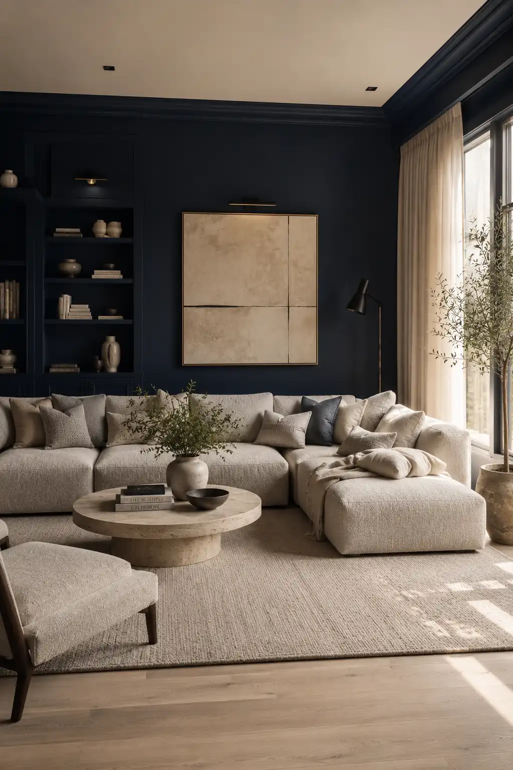 Elegant midnight blue and beige living room with rich midnight blue paneled walls, oversized beige boucle sectional sofa, round travertine coffee table, textured neutral rug, built in shelving styled with books and ceramics, black floor lamp, oversized abstract artwork, flowing linen curtains, indoor olive tree, warm oak flooring, and bright natural light creating a luxurious contemporary interior.