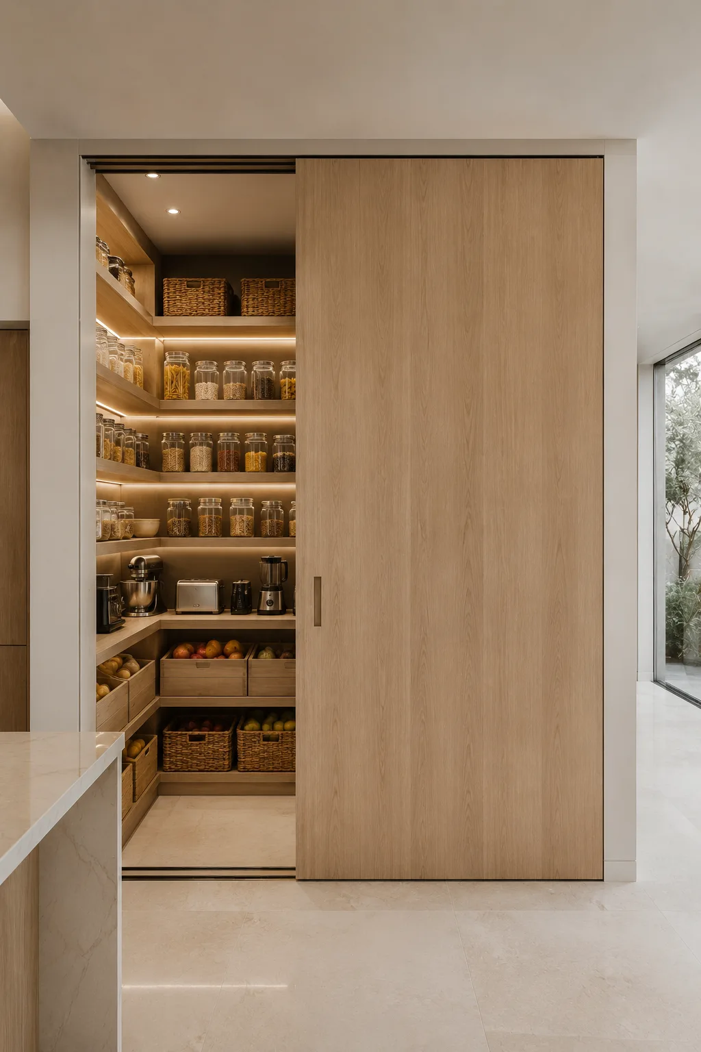 Modern hidden pantry behind a large sliding white oak wood panel featuring custom floor to ceiling shelving, organized glass storage jars, woven baskets, fresh produce drawers, small kitchen appliances, warm LED shelf lighting, luxury hidden pantry design, concealed storage ideas, minimalist kitchen organization, and contemporary home interior.