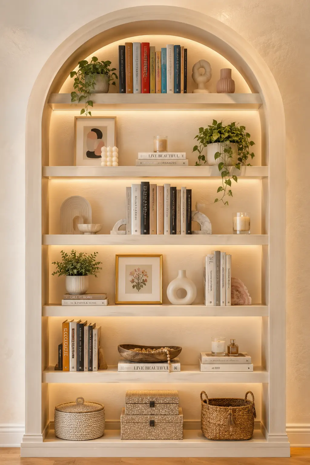 Elegant arched built-in bookshelf with warm LED lighting, decorative books, ceramic vases, candles, indoor plants, hidden storage, and modern teen girl bedroom decor with luxury custom shelving inspiration.