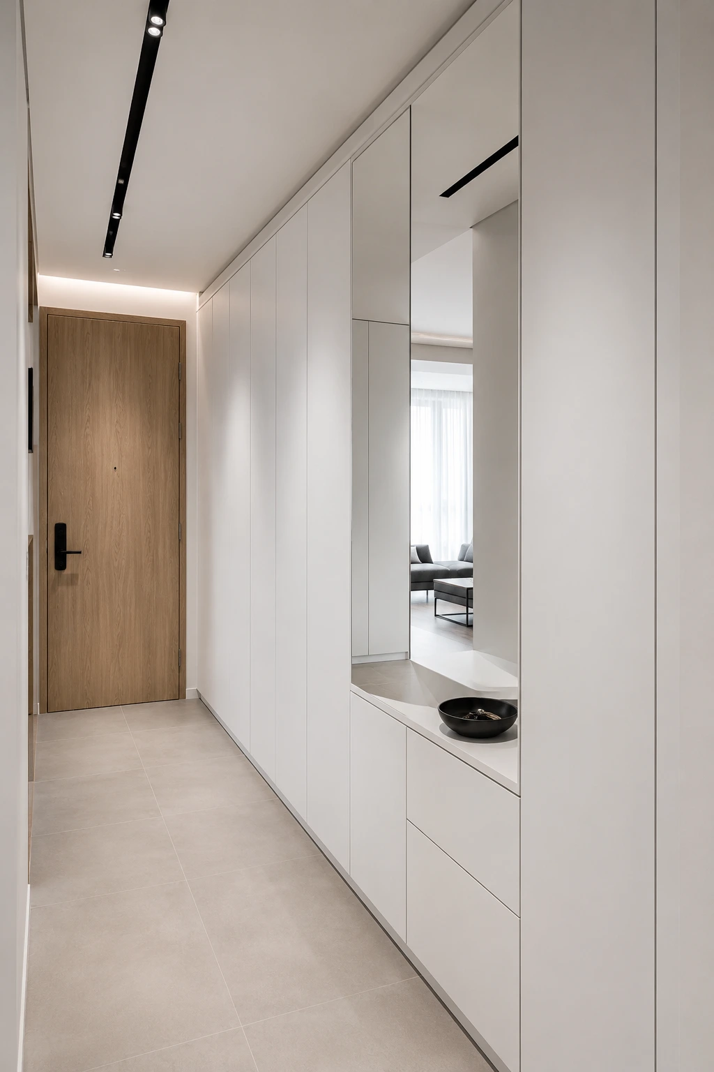 Narrow modern hallway with slim floor to ceiling handleless storage cabinets, built in mirror, hidden entryway storage, recessed ceiling lighting, warm wood front door, light porcelain flooring, and a clean minimalist design perfect for small entryway organization.