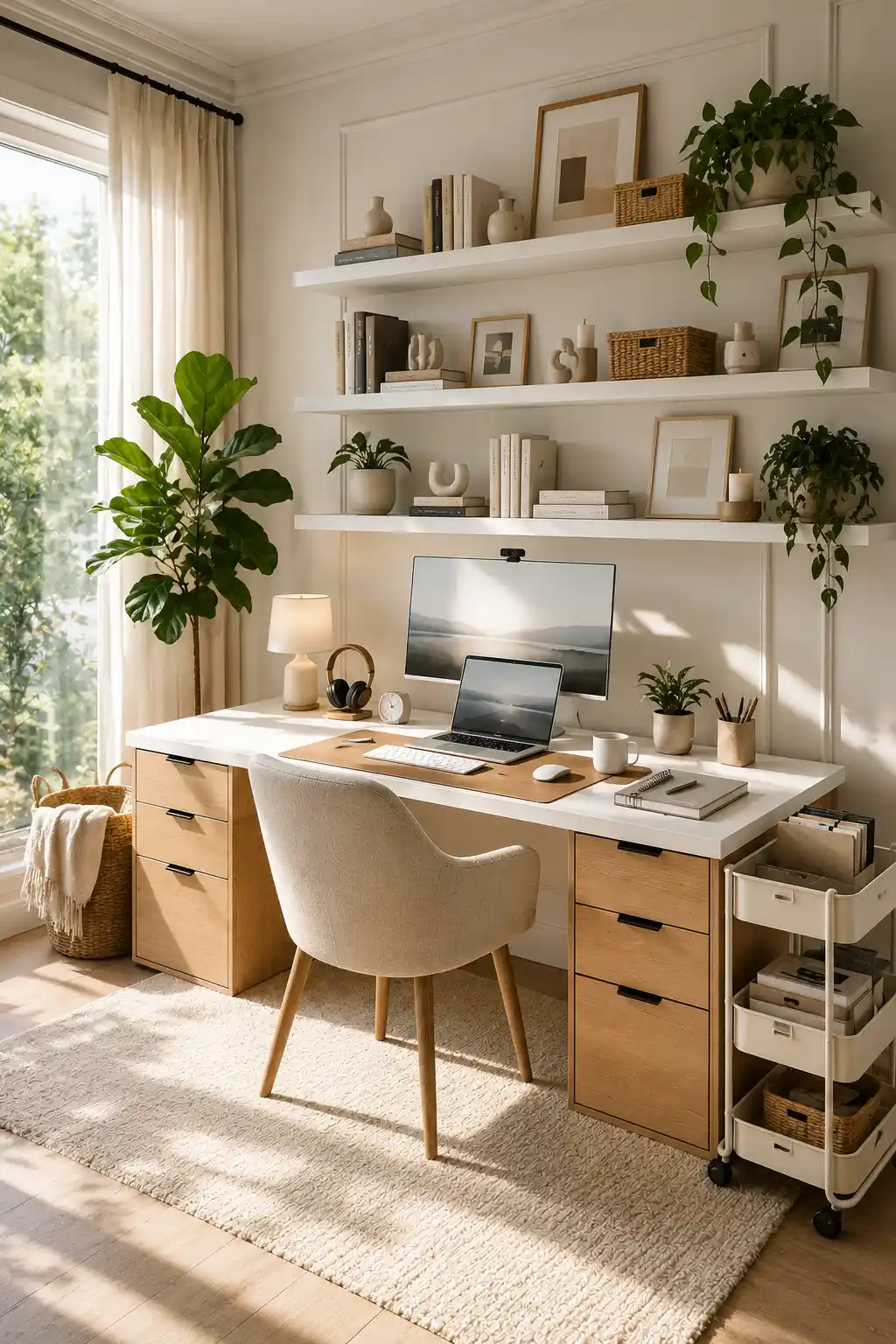 Beautiful small home office ideas with white floating shelves, spacious wooden desk, built in drawer storage, rolling utility cart, ergonomic office chair, desktop monitor, indoor plants, neutral home office décor, bright natural lighting, organized workspace, functional small office inspiration.