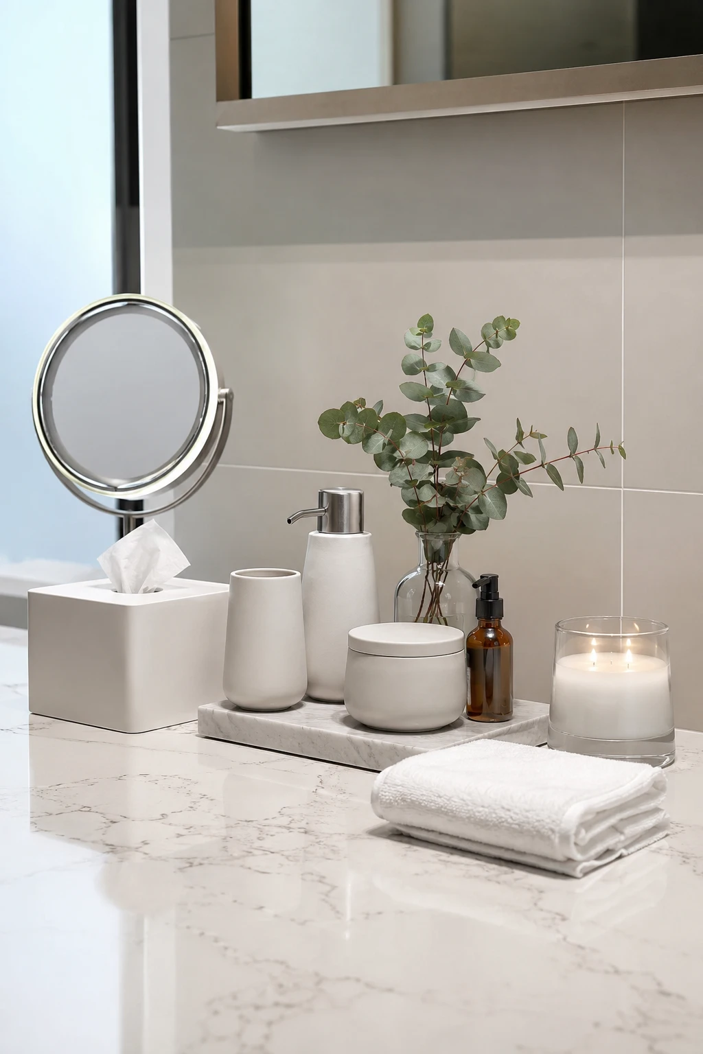 Beautiful bathroom countertop styled with matching white ceramic accessories, tissue box cover, soap dispenser, tumbler, marble tray, scented candle, eucalyptus in a glass vase, folded white towels, luxury vanity organization, modern bathroom accessories, budget small bathroom makeover ideas.