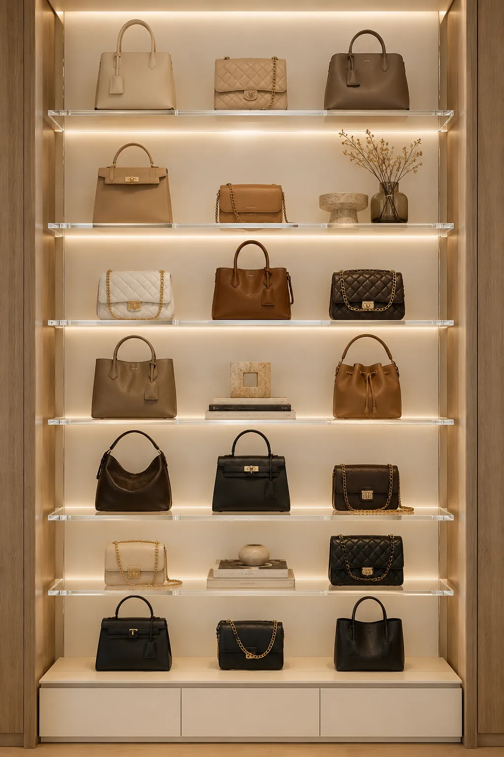 Luxury custom closet with illuminated floating acrylic shelves displaying designer handbags, warm LED shelf lighting, premium wood cabinetry, boutique style handbag display, organized purse collection, modern wardrobe storage, and stylish small closet organization ideas for maximizing vertical storage space.