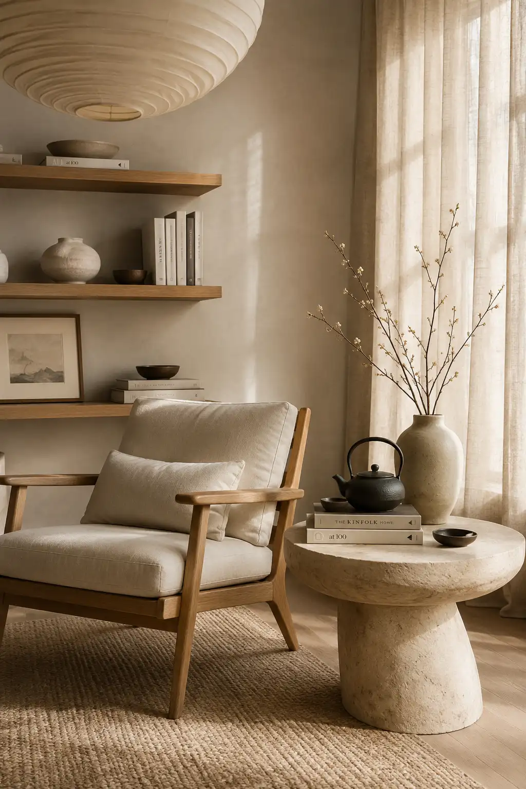 Japandi inspired reading chair with light oak wooden frame, cream linen cushions, floating wood shelves, stone side table, ceramic decor, woven rug, sheer curtains, and a bright minimalist reading nook filled with natural light.