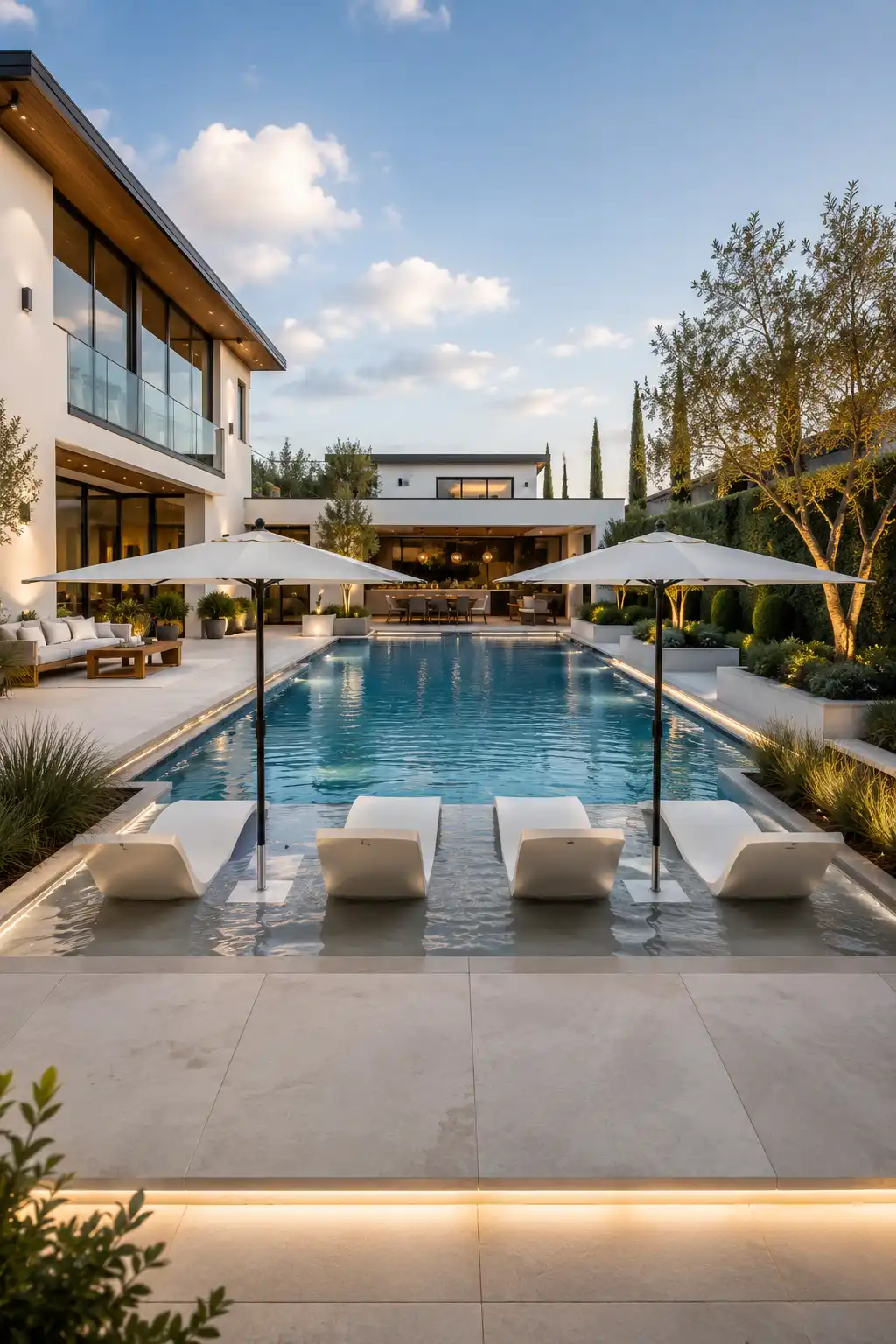 Modern Baja shelf backyard pool ideas featuring in water loungers, oversized white umbrellas, luxury contemporary home, porcelain pool deck, landscaped garden beds, premium outdoor seating, covered patio, and elegant resort inspired backyard design for relaxing and entertaining.