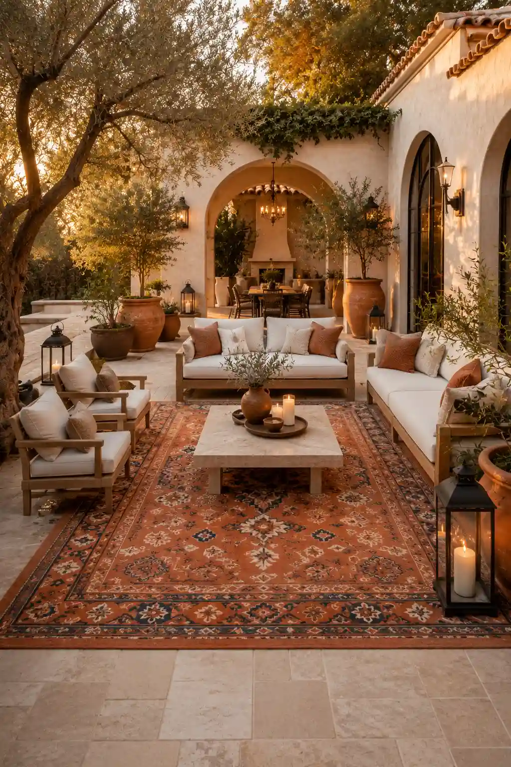 Elegant Mediterranean style patio featuring a terracotta patterned outdoor rug beneath natural wood outdoor seating with cream cushions, large stone coffee table, terracotta planters, mature olive trees, decorative black lanterns, limestone flooring, warm sunset lighting, stucco home exterior, and a luxurious outdoor entertaining space.