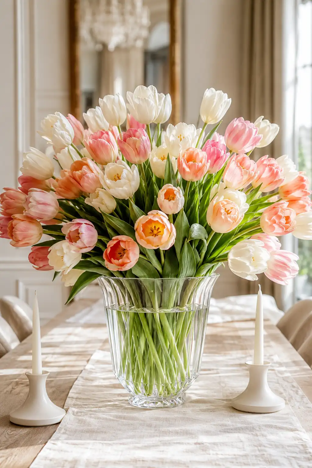 Luxury spring dining table featuring a large clear glass vase filled with fresh white, blush pink, and peach tulips on a natural oak table with a neutral linen runner, elegant ceramic candle holders, and bright natural sunlight creating a fresh seasonal centerpiece.