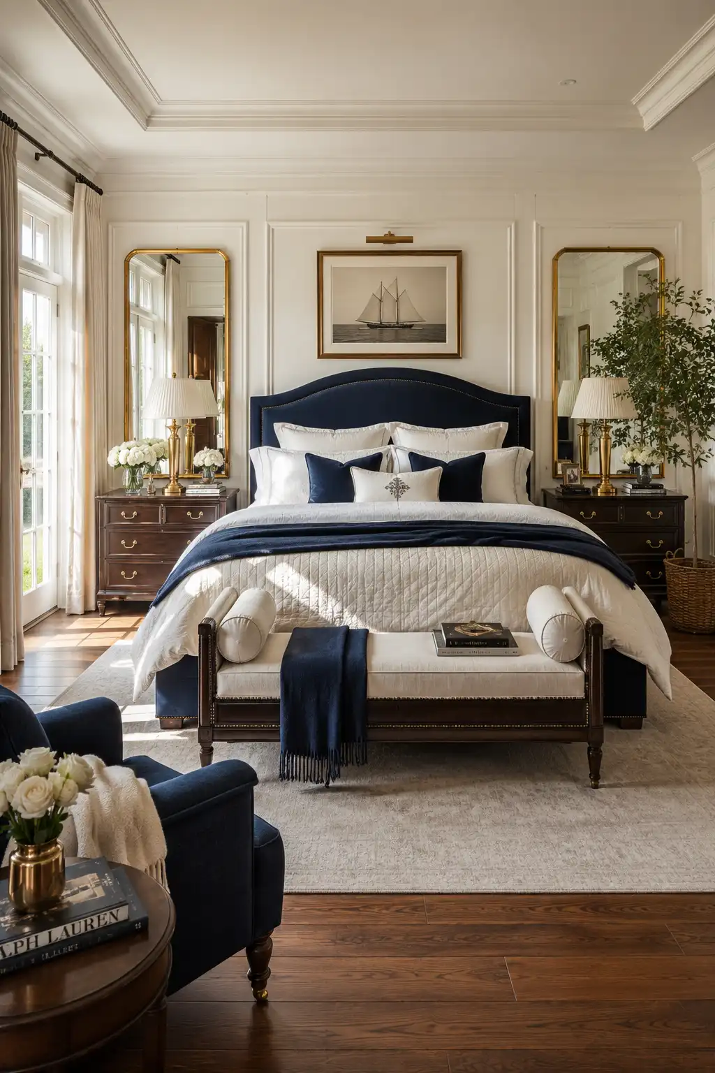 Luxury Ralph Lauren bedroom with a navy upholstered bed, crisp white layered bedding, walnut nightstands, antique brass table lamps, matching gold framed mirrors, classic wall molding, equestrian artwork above the headboard, hardwood flooring, neutral area rug, fresh white flowers, elegant bench, and timeless traditional bedroom decor with sophisticated luxury styling.