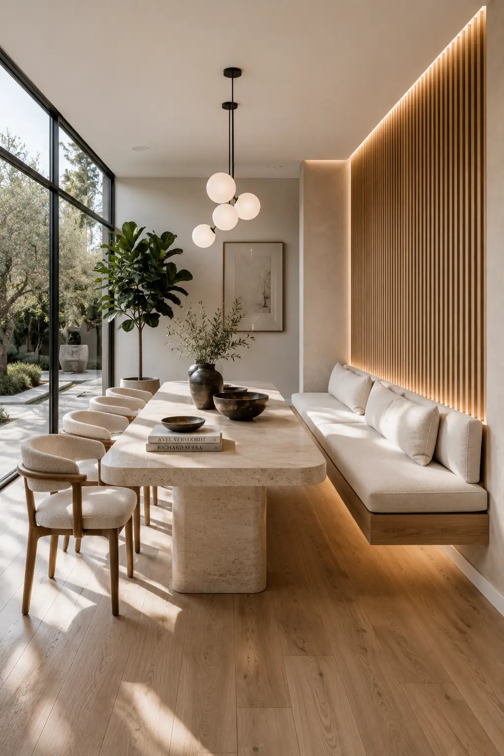 Modern floating banquette seating with vertical wood slat accent wall, hidden LED lighting, travertine dining table, upholstered dining chairs, custom wall mounted dining bench, contemporary dining room ideas, luxury banquette seating, minimalist dining nook inspiration, modern built in bench design.