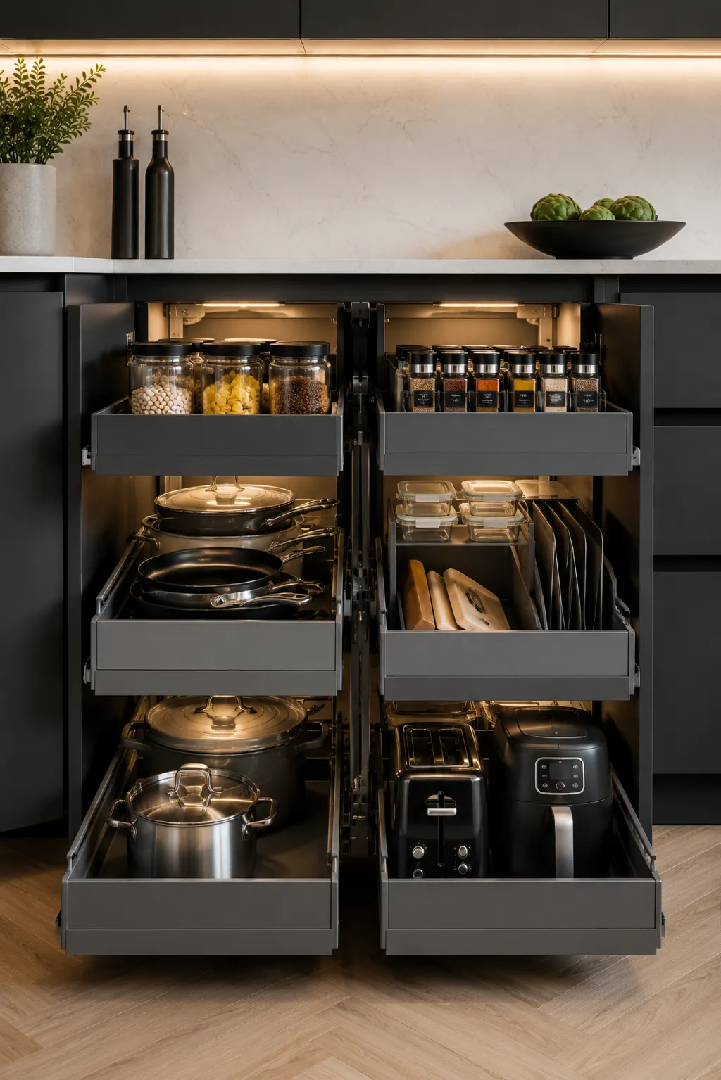 Luxury modern kitchen with a blind corner pull out cabinet system featuring multiple sliding shelves filled with pantry jars, cookware, cutting boards, food containers, spices, small appliances, and kitchen essentials. Premium matte cabinetry, integrated LED lighting, and innovative hidden kitchen corner storage designed for maximum organization and easy accessibility.