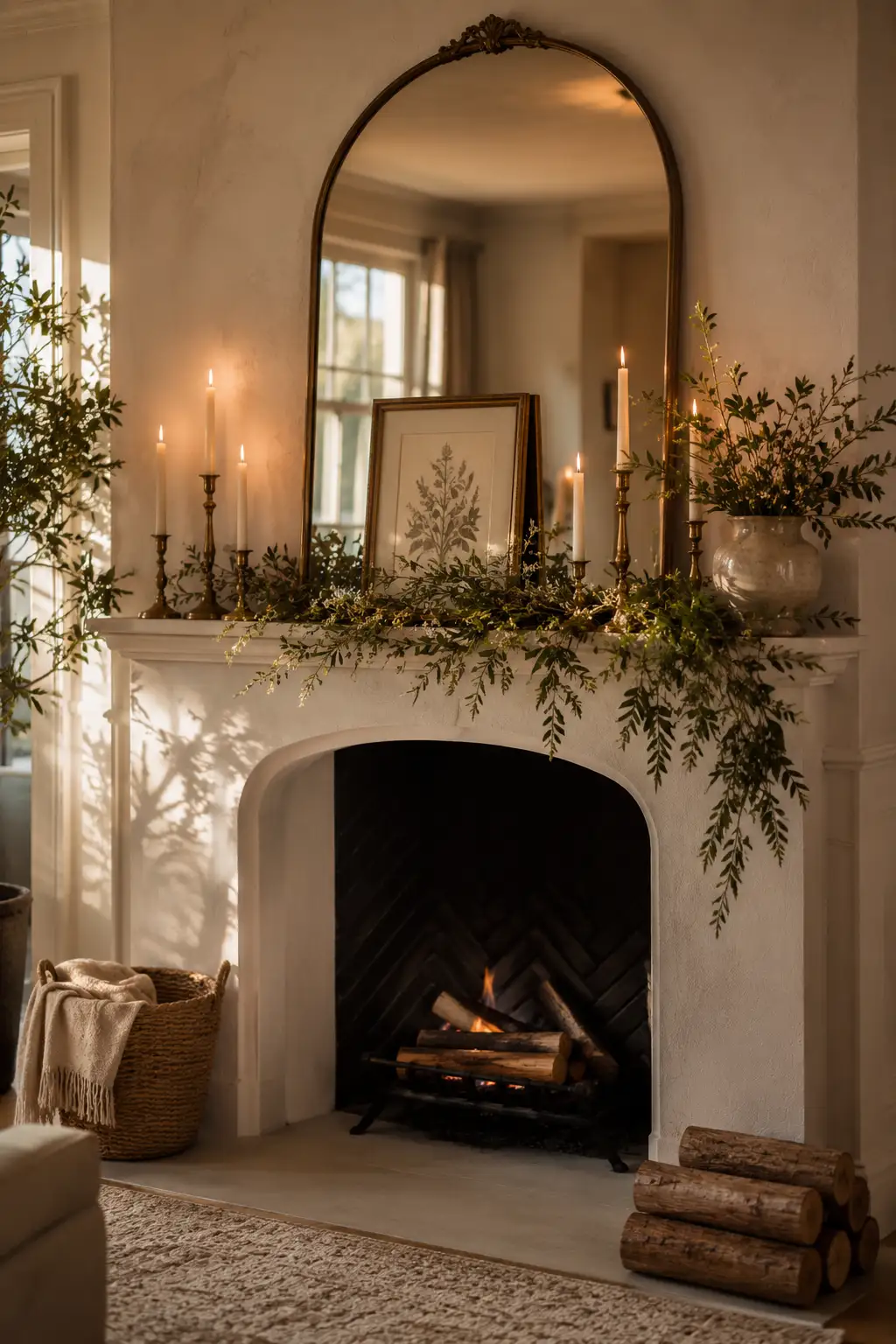 Elegant seasonal fireplace mantel decorated with an oversized arched mirror, framed botanical artwork, layered green garland, glowing taper candles in varied heights, and leafy branches creating a warm luxury living room focal point on a budget.