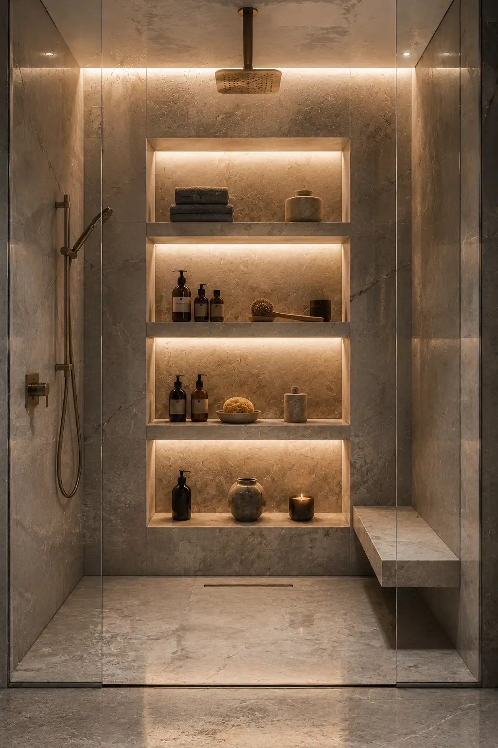 Modern luxury walk in shower featuring a backlit recessed shower niche wall with multiple stone shelves, warm integrated lighting, folded towels, bath products, decorative jars, and organized shower storage.