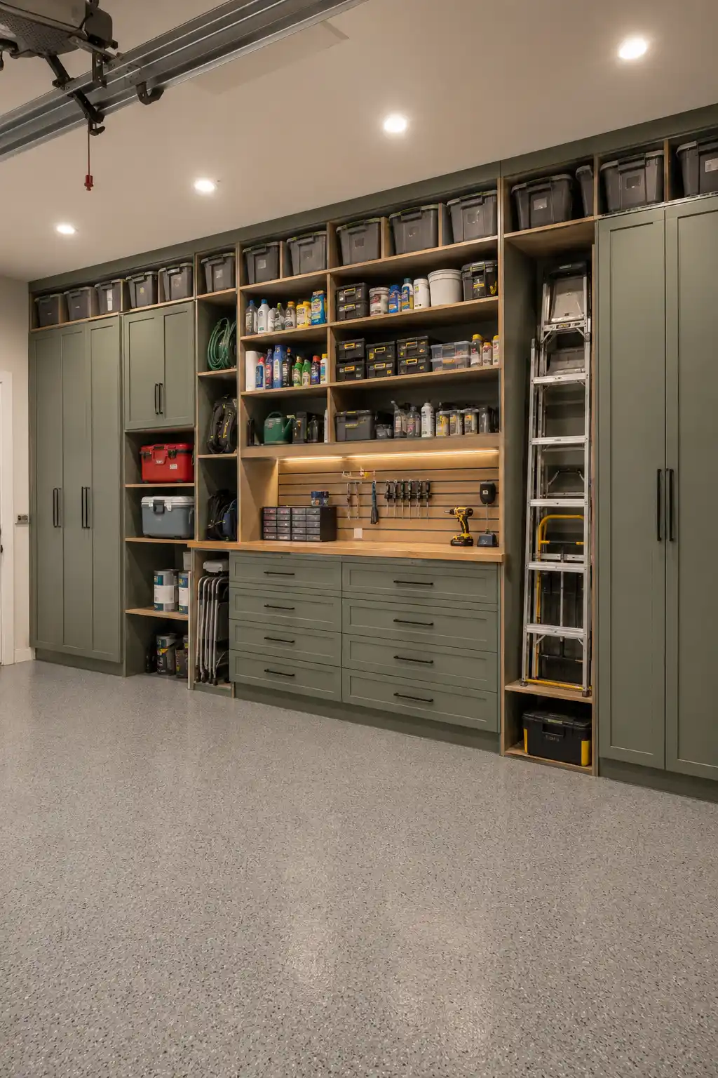 Modern organized garage featuring a floor to ceiling storage wall with tall sage green cabinets, open wooden shelving, deep drawers, storage bins, cleaning supplies, toolboxes, and a dedicated ladder compartment. The built in garage storage system includes a central workbench and organized shelves that keep tools and household supplies easy to access.