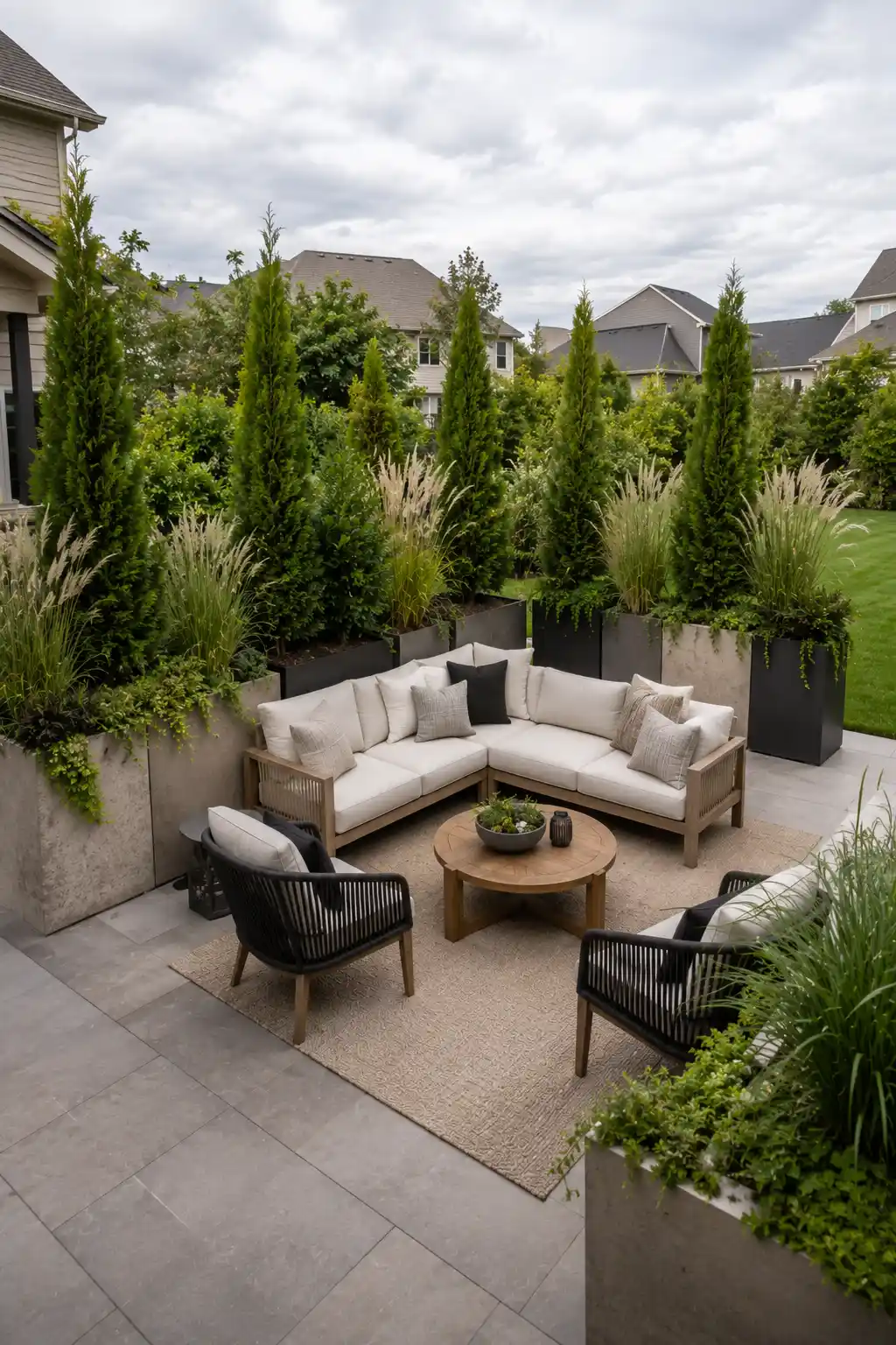 Modern backyard patio surrounded by oversized rectangular privacy planters filled with tall evergreen trees, ornamental grasses, and trailing greenery, creating a stylish private outdoor seating area with a sectional sofa and lounge chairs.