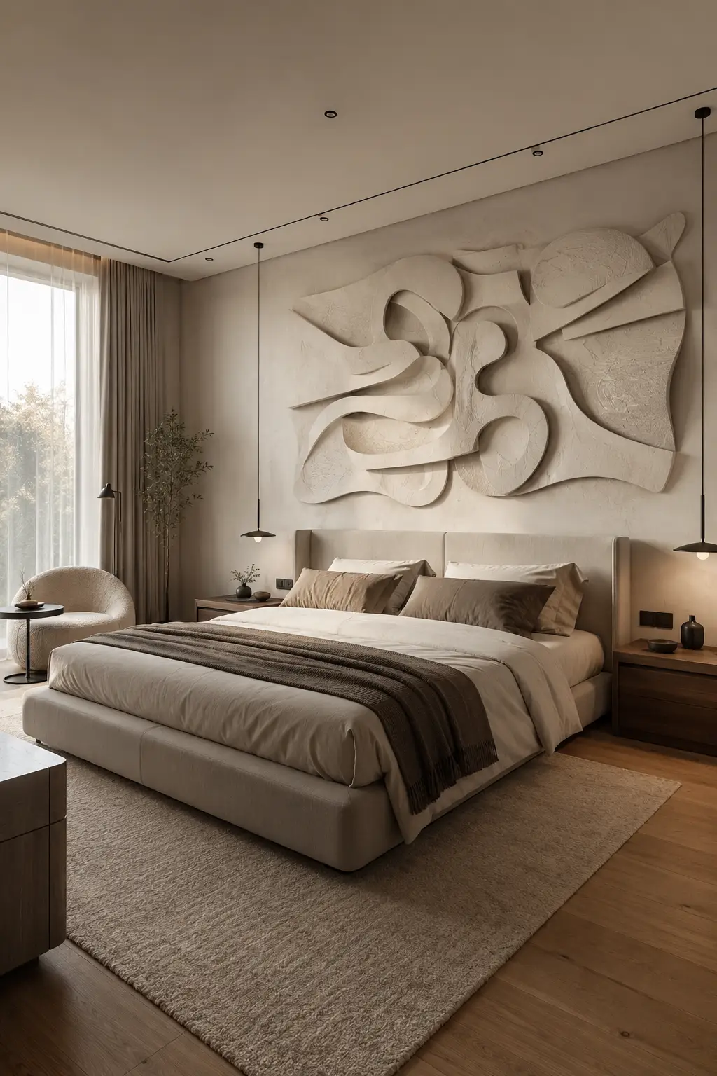 Contemporary luxury bedroom with oversized 3D sculptural wall art above the upholstered headboard, featuring layered organic plaster forms, raised curved details, soft neutral tones, warm pendant lighting, natural wood furniture, and modern bedroom decor.