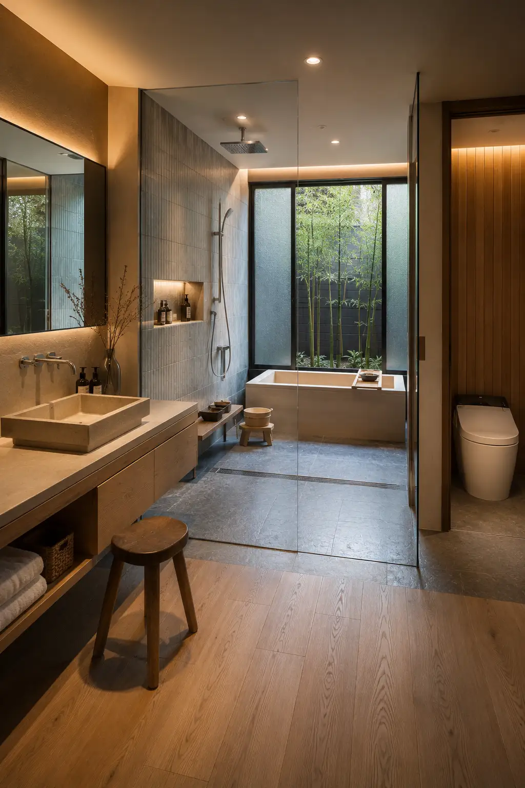 Japanese onsen inspired home bathroom featuring a deep soaking tub beside a private bamboo garden view, open wet room with rainfall and handheld showers, floating stone vanity, warm wood details, bathing stool, recessed storage niche, and a separate smart toilet area.