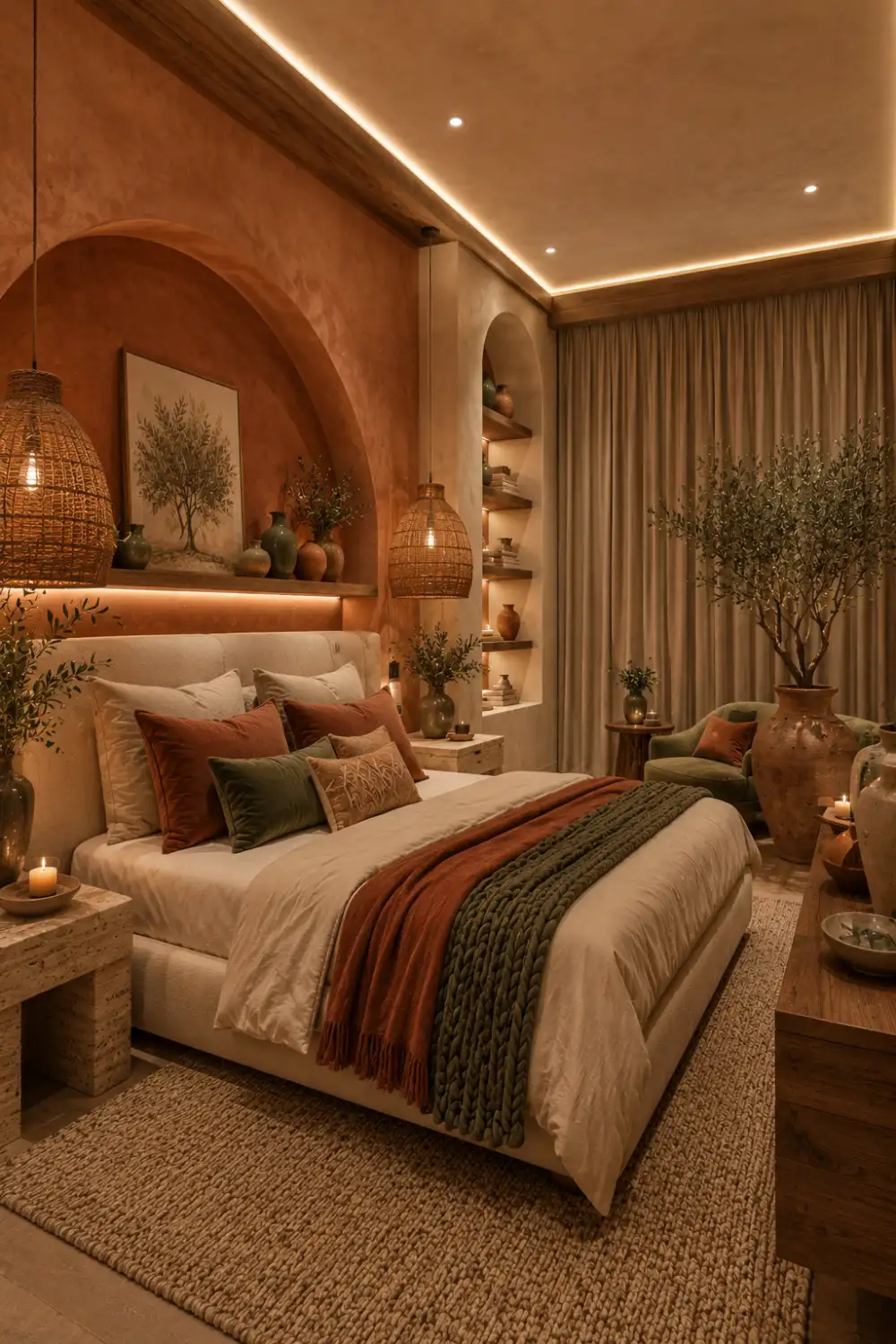 Luxury terracotta bedroom with clay beige walls, olive green accent pillows, earthy bedroom decor, Mediterranean interior design, natural wood furniture, woven pendant lights, cozy neutral bedroom, warm color palette, organic modern bedroom ideas, designer room color combination, elegant earthy home decor, luxury bedroom inspiration.