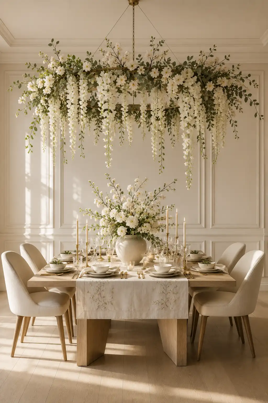 Elegant dining room featuring a suspended spring floral chandelier with cascading white blossoms, eucalyptus, greenery, beautifully styled dining table, linen runner, brass candle holders, and luxury spring home decor.