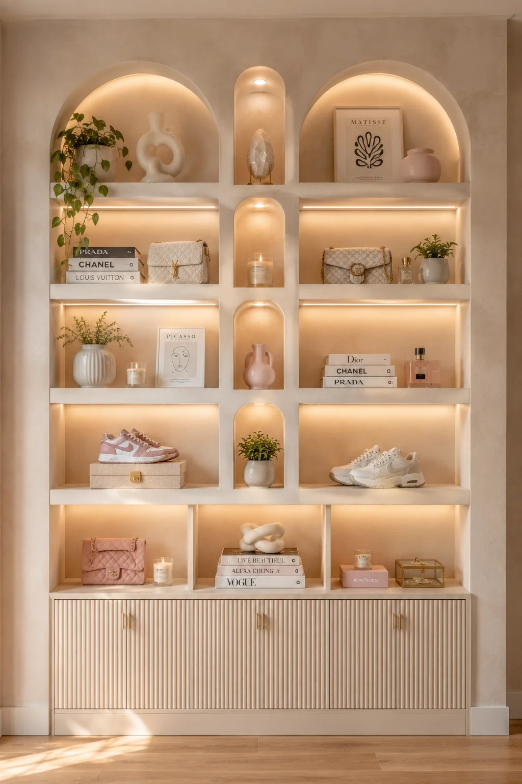 Custom built-in display shelves with arched niches, warm LED lighting, books, handbags, decorative sculptures, plants, candles, hidden storage, and luxury teen girl bedroom inspiration.