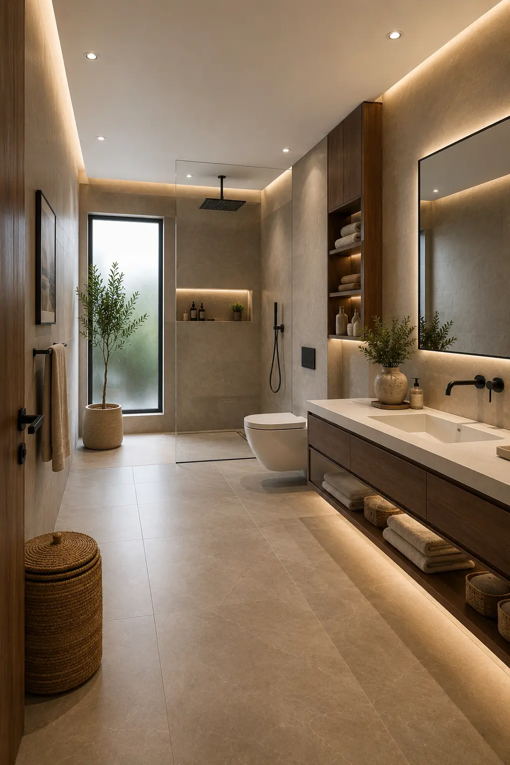 Luxury taupe and walnut earth tone bathroom featuring a floating walnut vanity, oversized LED mirror, frameless walk in shower, rainfall showerhead, matte black hardware, illuminated wall niche, warm neutral porcelain tiles, and elegant residential bathroom interior.