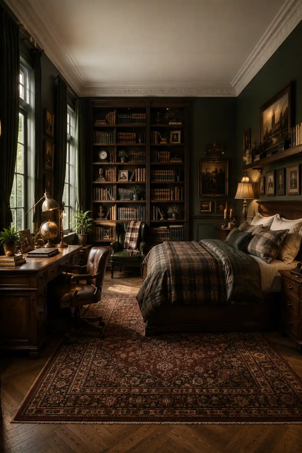 Dark academia teen bedroom featuring olive green walls, floor to ceiling bookshelves, vintage wooden desk, plaid bedding, classic library decor, Persian style rug, antique inspired furniture, warm lighting, and cozy reading corner for a timeless bedroom.