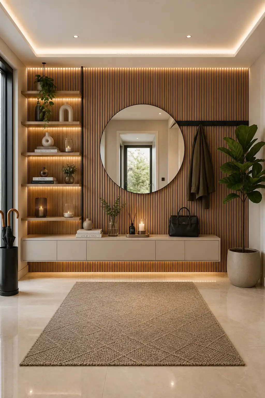 Floating modern entryway storage wall with handleless shoe cabinets, oak slat feature wall, oversized round mirror, floating display shelves, hidden coat rail, warm LED lighting, porcelain flooring, and luxury minimalist entryway storage for shoes and coats.