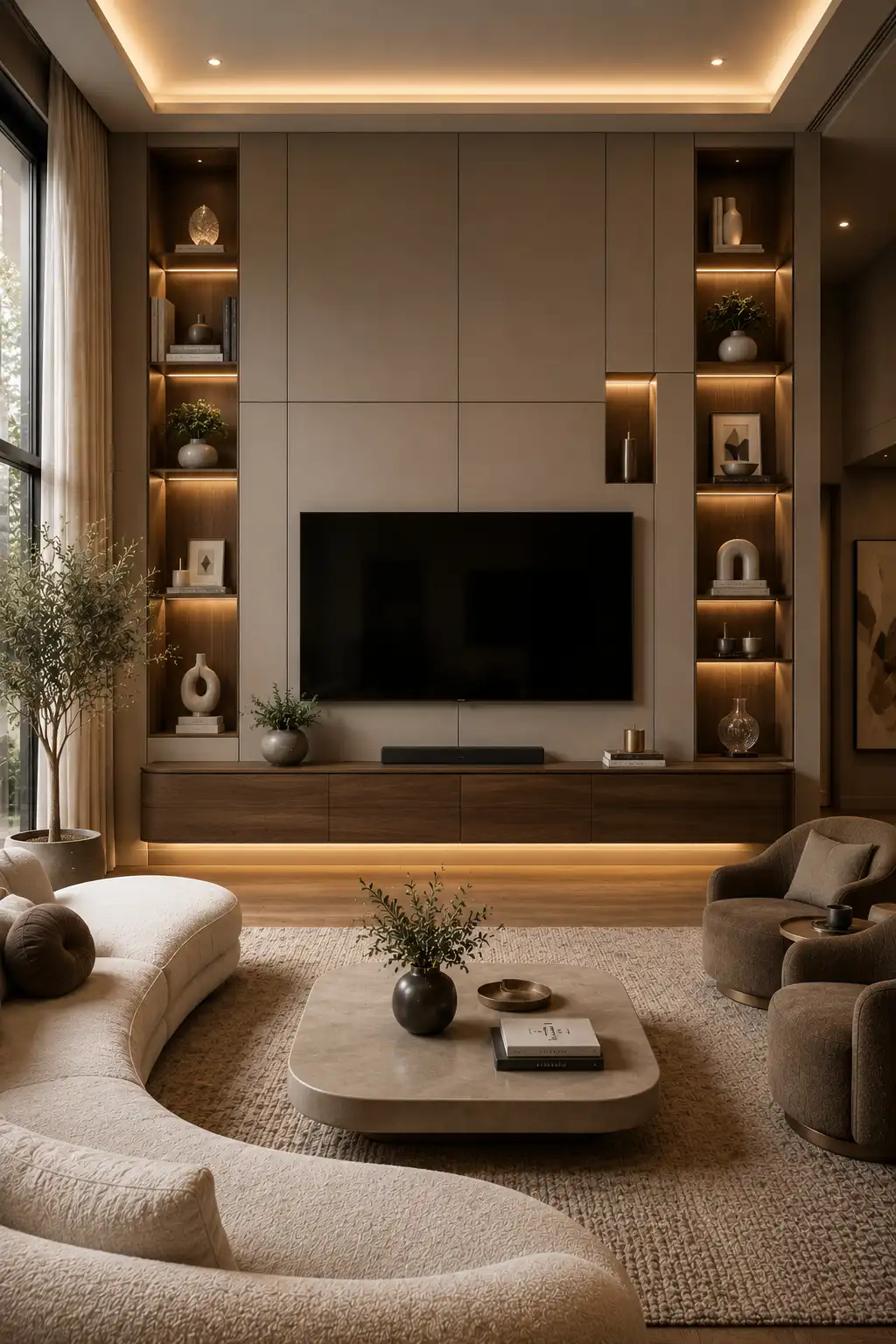 Minimalist TV wall featuring large floor to ceiling wall panels, floating walnut media console, built in illuminated display niches, warm LED lighting, modern neutral living room décor, and an elegant luxury interior with custom architectural detailing.