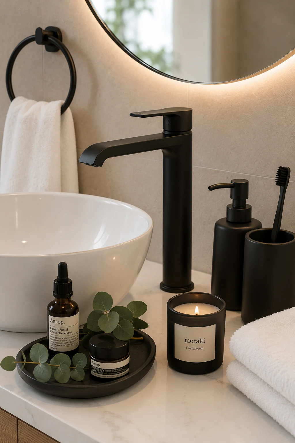 Modern matte black bathroom faucet with matching towel ring, soap dispenser, toothbrush holder, white vessel sink, quartz countertop, LED mirror reflection, ceramic accessories, and elegant luxury bathroom fixtures for contemporary small bathrooms.